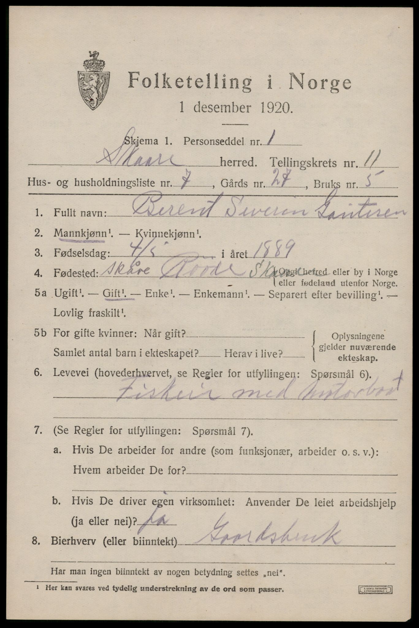 SAST, Folketelling 1920 for 1153 Skåre herred, 1920, s. 8342