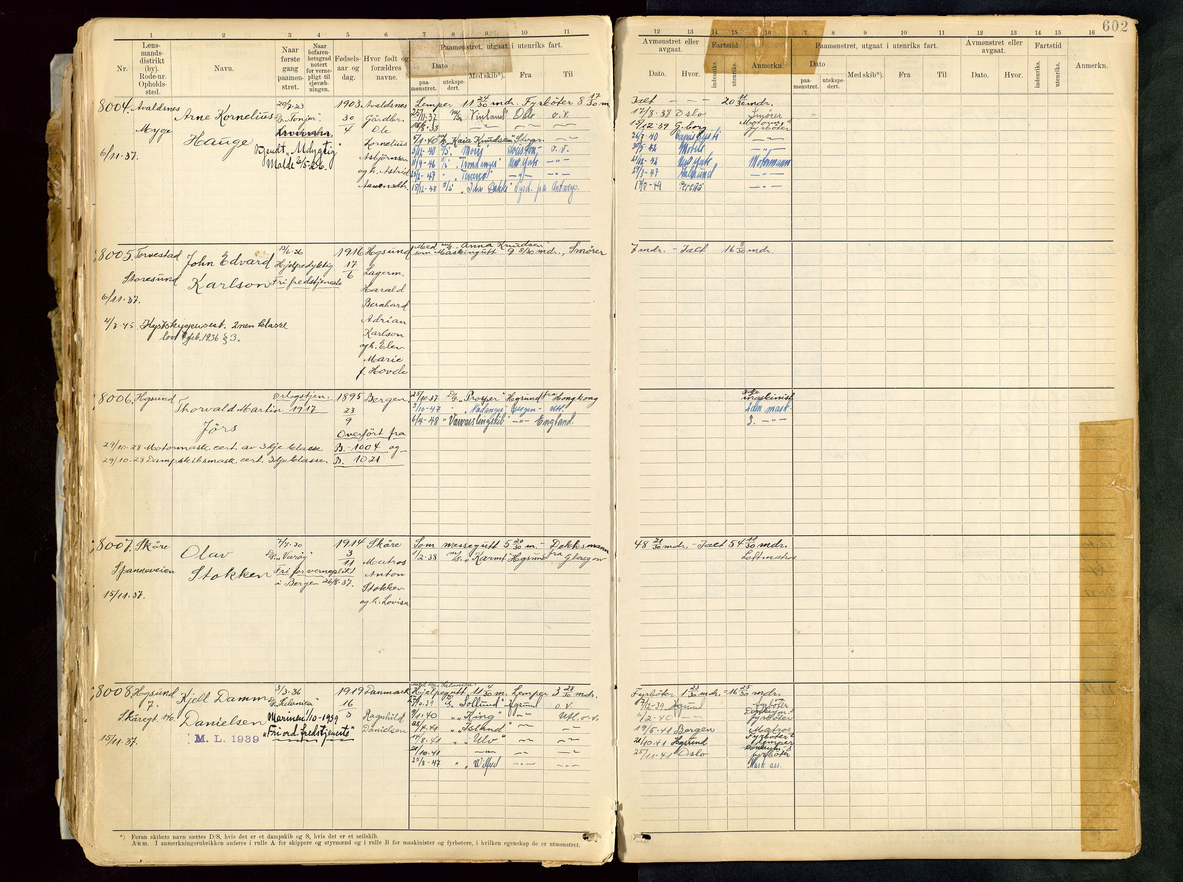 Haugesund sjømannskontor, SAST/A-102007/F/Fb/Fbb/L0013: Sjøfartsrulle A Haugesund kretsnr. 5000-8999, 1868-1948, s. 602