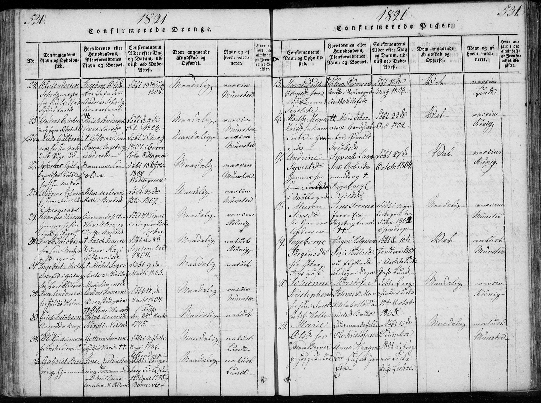 Bragernes kirkebøker, AV/SAKO-A-6/F/Fa/L0007: Ministerialbok nr. I 7, 1815-1829, s. 530-531