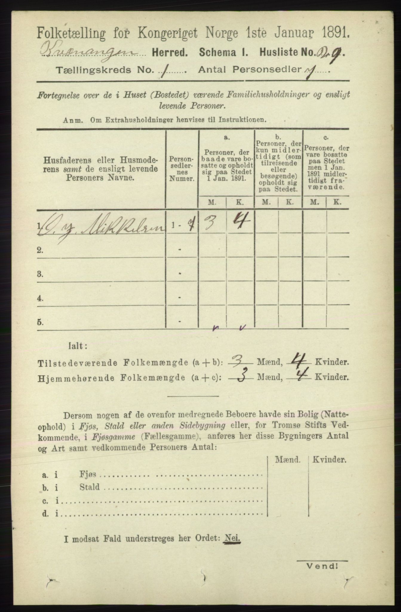 RA, Folketelling 1891 for 1943 Kvænangen herred, 1891, s. 43