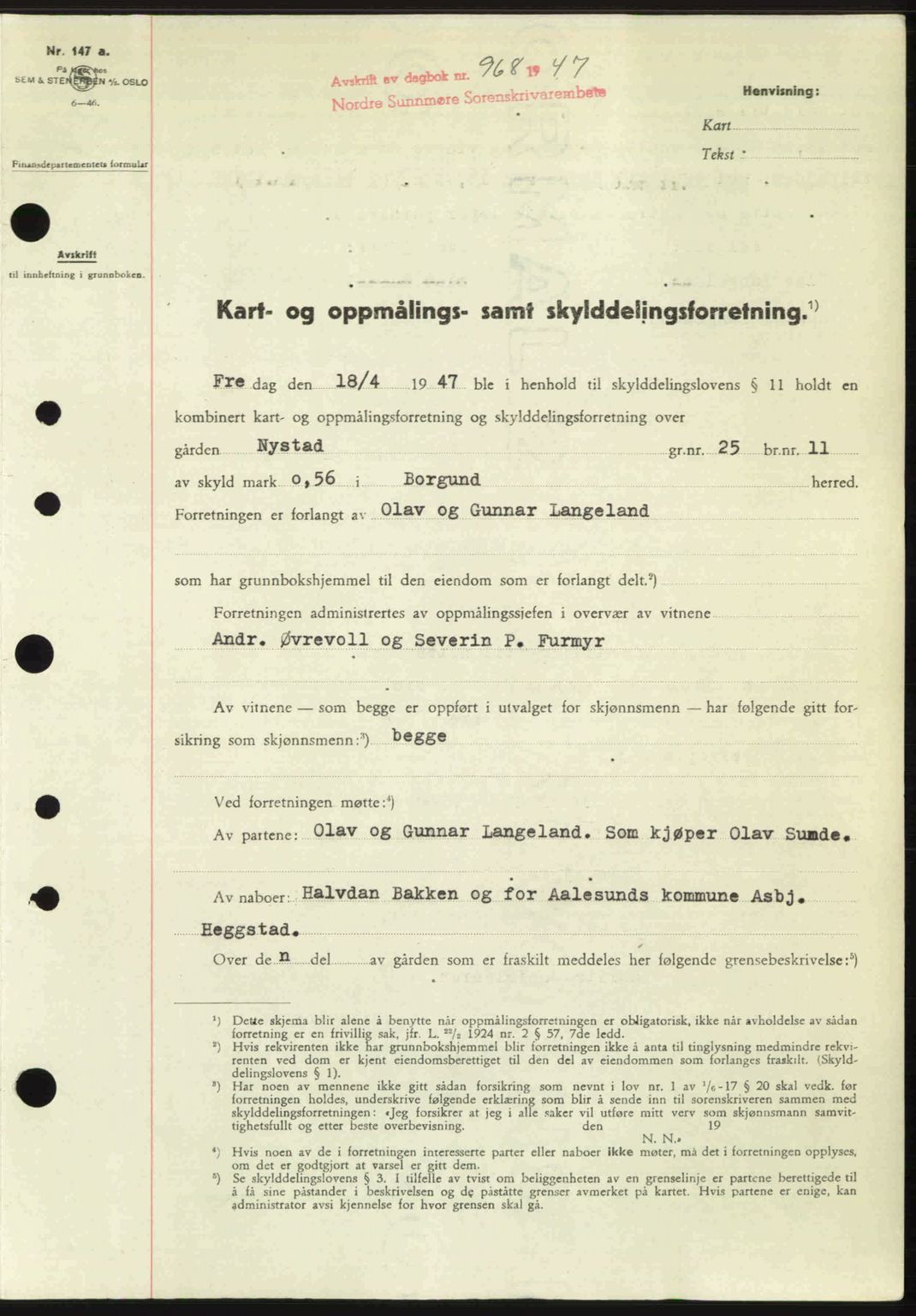 Nordre Sunnmøre sorenskriveri, SAT/A-0006/1/2/2C/2Ca: Pantebok nr. A24, 1947-1947, Dagboknr: 968/1947