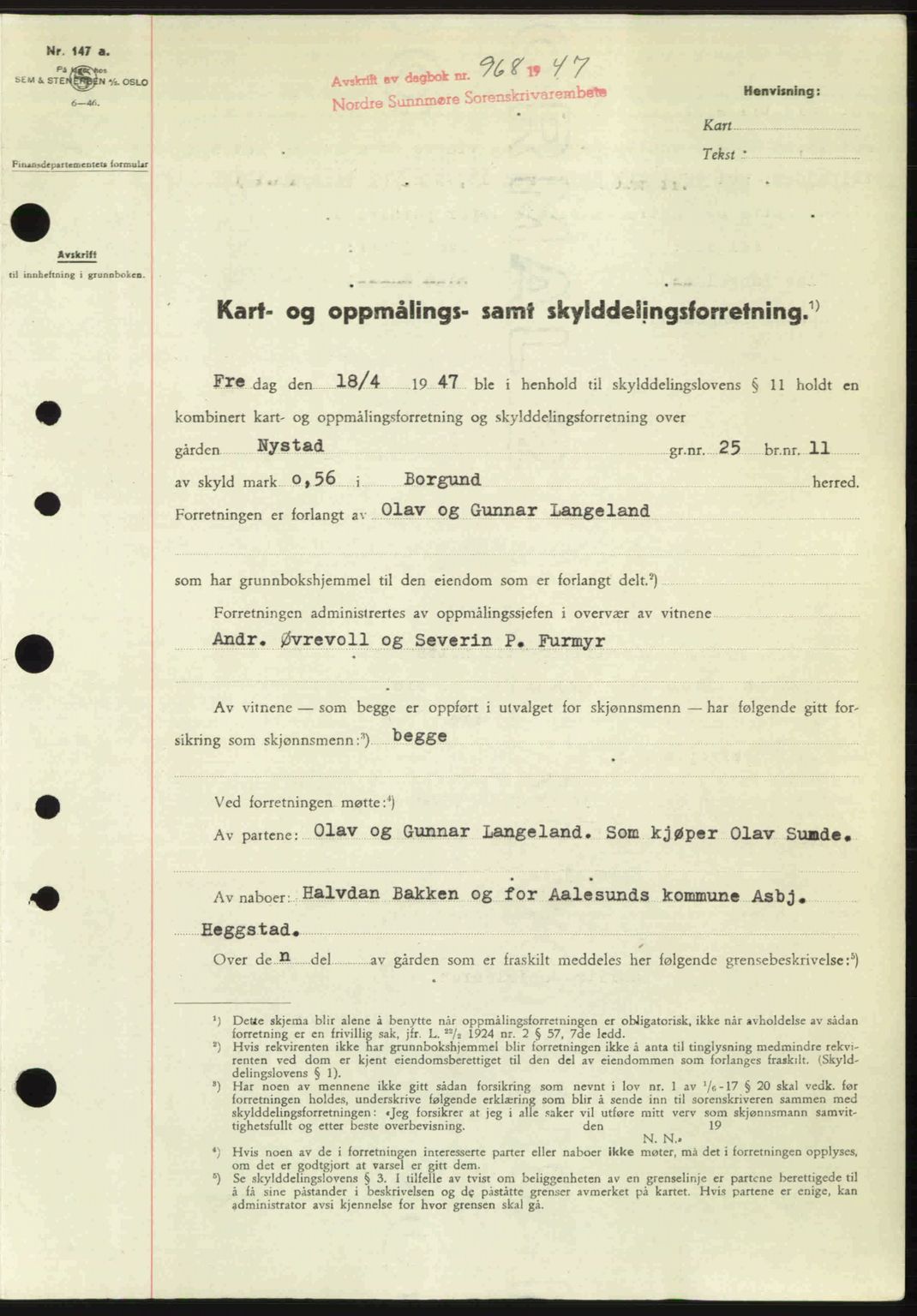 Nordre Sunnmøre sorenskriveri, AV/SAT-A-0006/1/2/2C/2Ca: Pantebok nr. A24, 1947-1947, Dagboknr: 968/1947