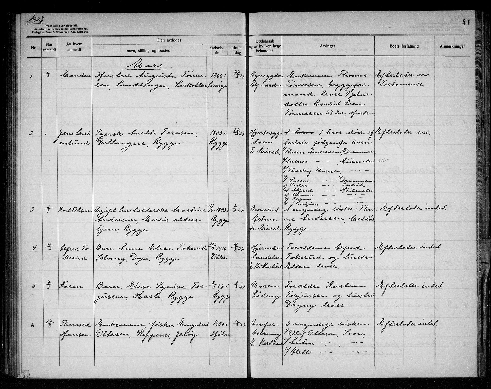 Rygge lensmannskontor, AV/SAO-A-10005/H/Ha/Haa/L0008: Dødsfallsprotokoll, 1925-1929, s. 41