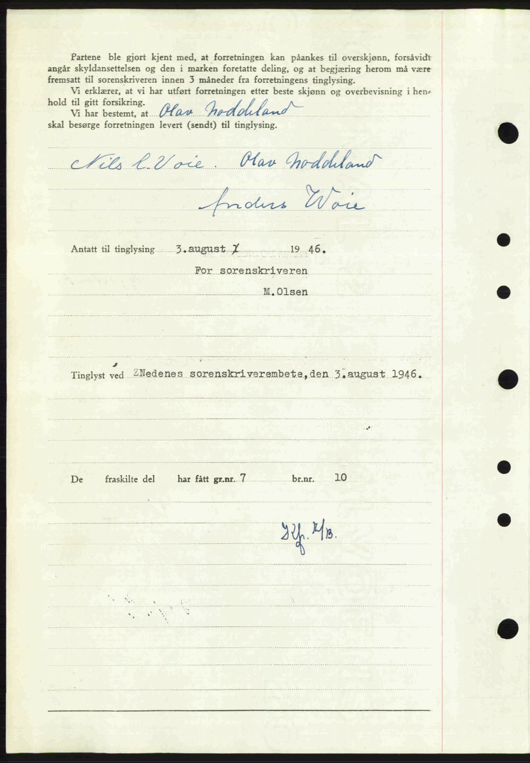 Nedenes sorenskriveri, SAK/1221-0006/G/Gb/Gba/L0055: Pantebok nr. A7, 1946-1946, Dagboknr: 866/1946
