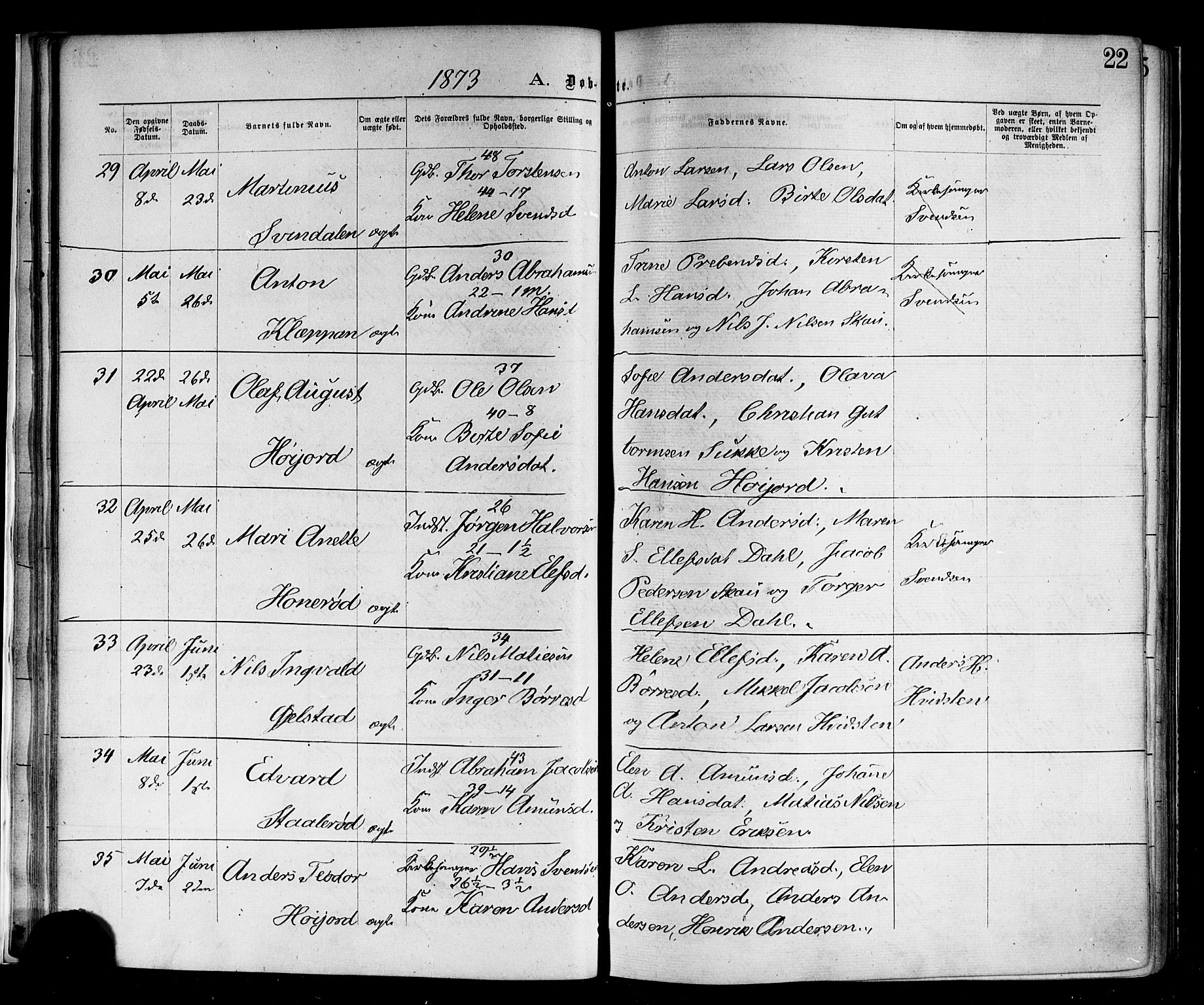 Andebu kirkebøker, AV/SAKO-A-336/F/Fa/L0006: Ministerialbok nr. I 6, 1871-1878, s. 22