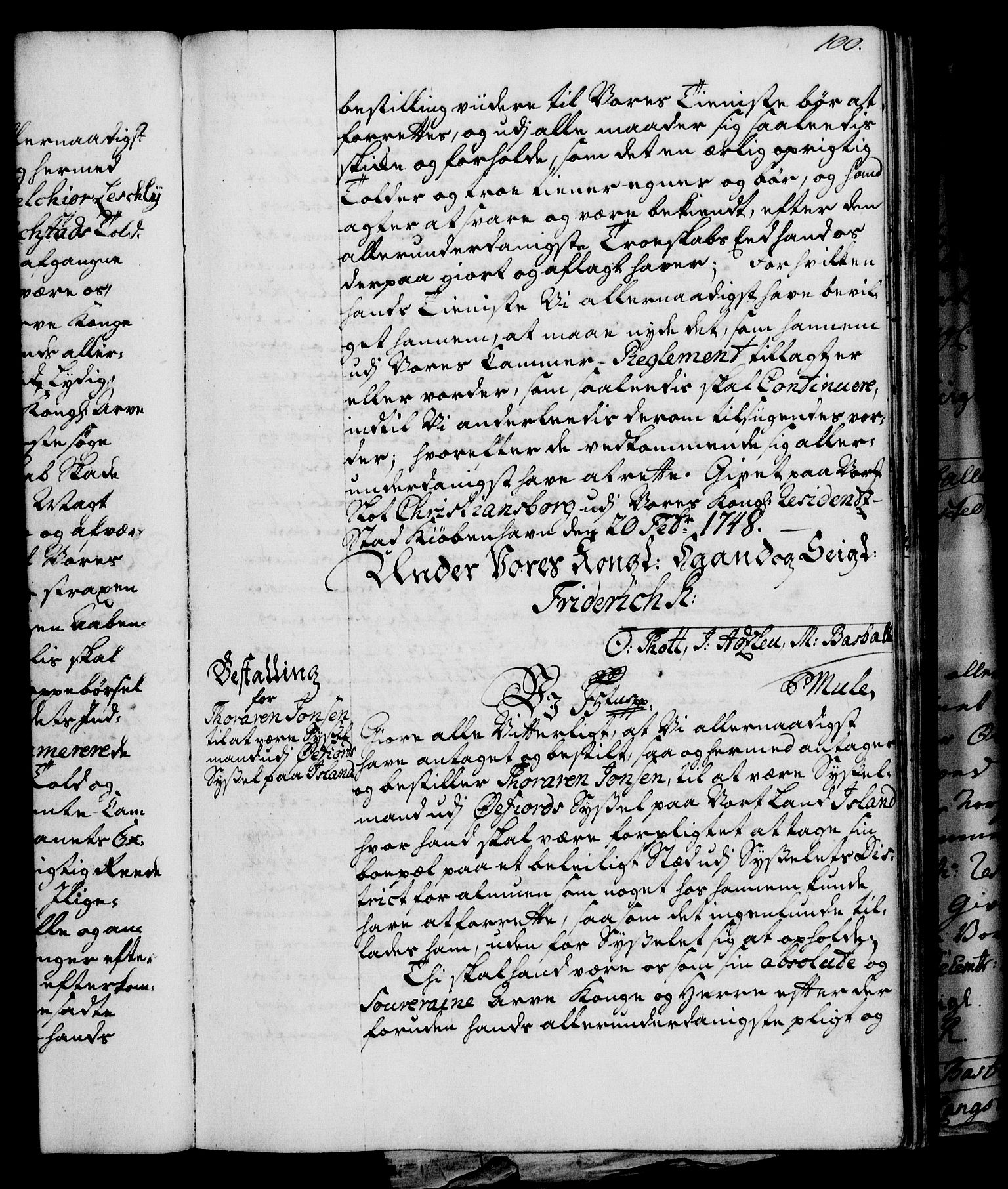 Rentekammeret, Kammerkanselliet, RA/EA-3111/G/Gg/Gge/L0003: Norsk bestallingsprotokoll med register (merket RK 53.27), 1745-1761, s. 100