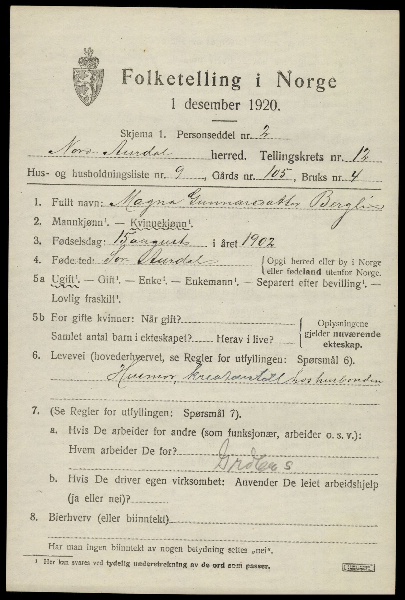 SAH, Folketelling 1920 for 0542 Nord-Aurdal herred, 1920, s. 9962