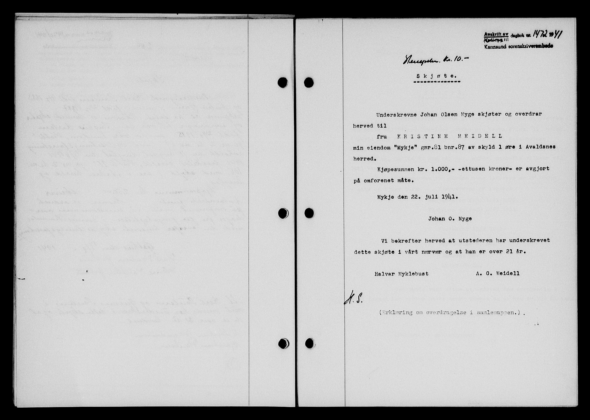 Karmsund sorenskriveri, SAST/A-100311/01/II/IIB/L0075: Pantebok nr. 56A, 1941-1941, Dagboknr: 1472/1941