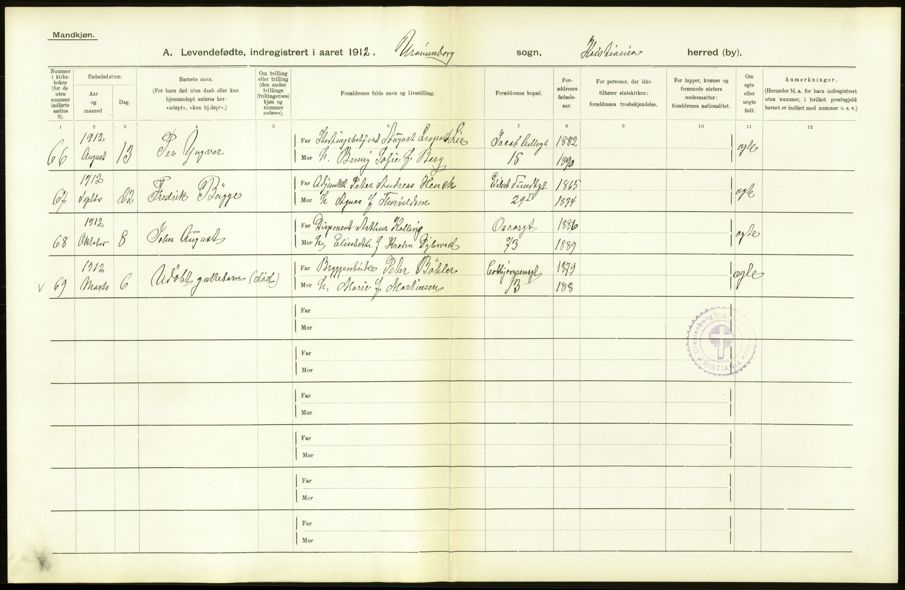 Statistisk sentralbyrå, Sosiodemografiske emner, Befolkning, RA/S-2228/D/Df/Dfb/Dfbb/L0007: Kristiania:  Levendefødte menn og kvinner., 1912, s. 570