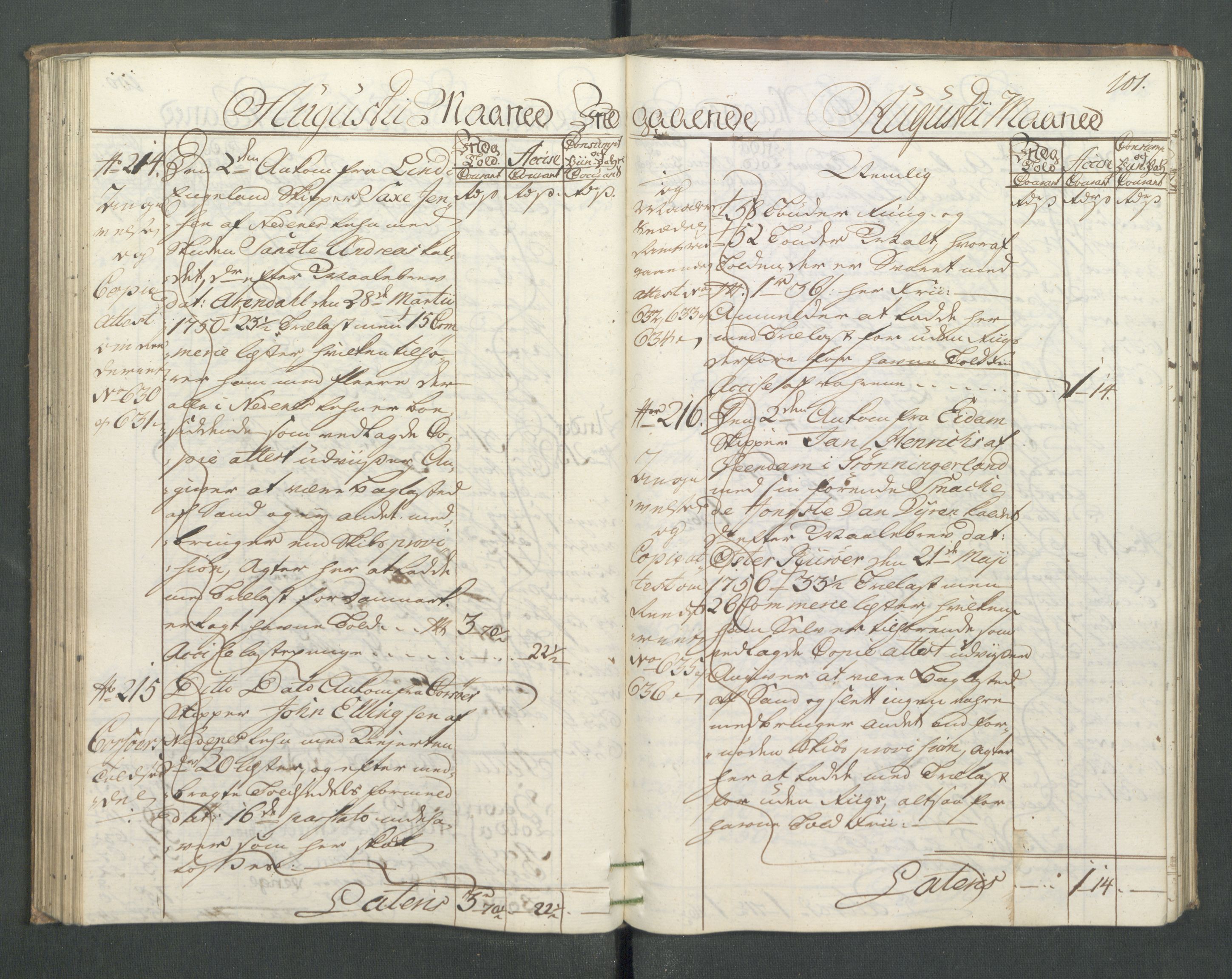 Generaltollkammeret, tollregnskaper, AV/RA-EA-5490/R14/L0024/0001: Tollregnskaper Øster-Risør / Inngående hovedtollbok, 1756, s. 100b-101a