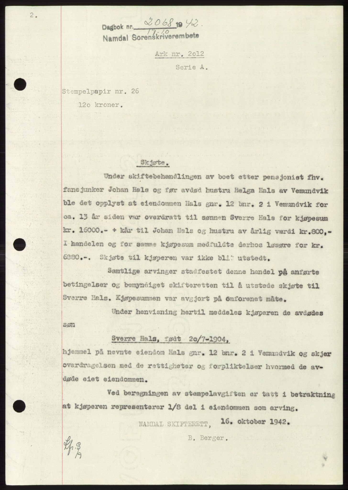 Namdal sorenskriveri, SAT/A-4133/1/2/2C: Pantebok nr. -, 1942-1943, Dagboknr: 2068/1942