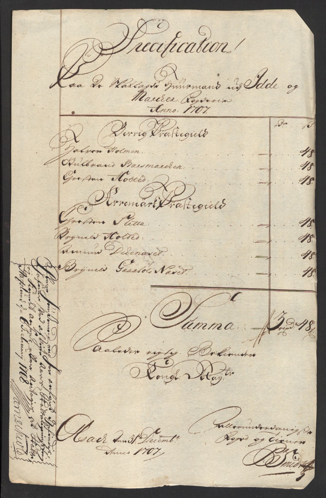 Rentekammeret inntil 1814, Reviderte regnskaper, Fogderegnskap, RA/EA-4092/R01/L0018: Fogderegnskap Idd og Marker, 1707-1709, s. 70
