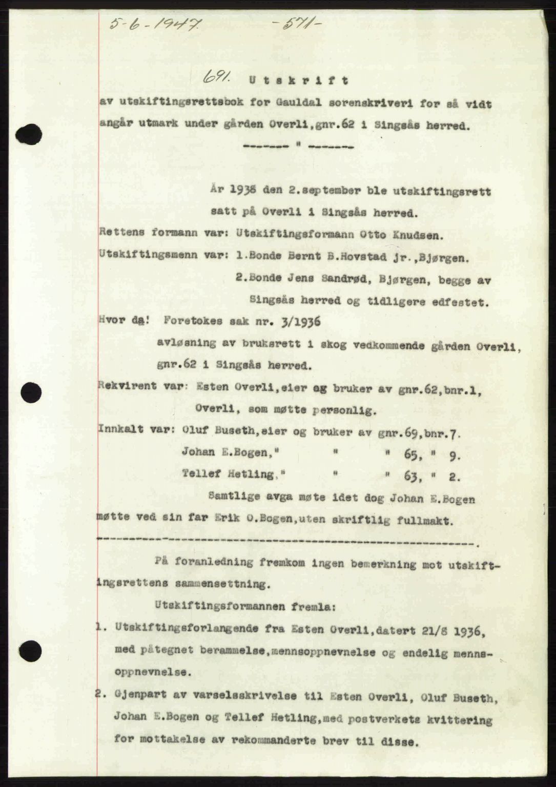 Gauldal sorenskriveri, SAT/A-0014/1/2/2C: Pantebok nr. A3, 1947-1947, Dagboknr: 691/1947