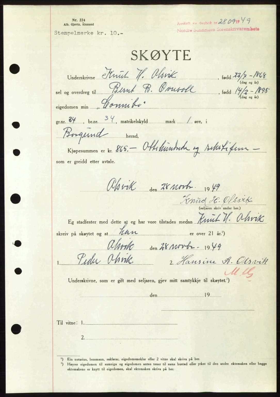 Nordre Sunnmøre sorenskriveri, AV/SAT-A-0006/1/2/2C/2Ca: Pantebok nr. A33, 1949-1950, Dagboknr: 2809/1949