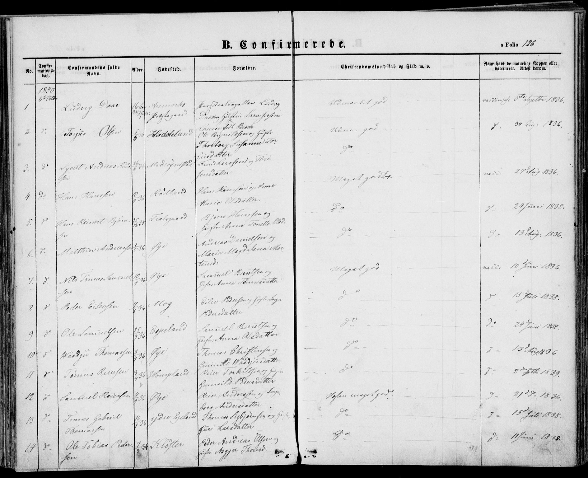 Kvinesdal sokneprestkontor, SAK/1111-0026/F/Fa/Fab/L0005: Ministerialbok nr. A 5, 1844-1857, s. 126