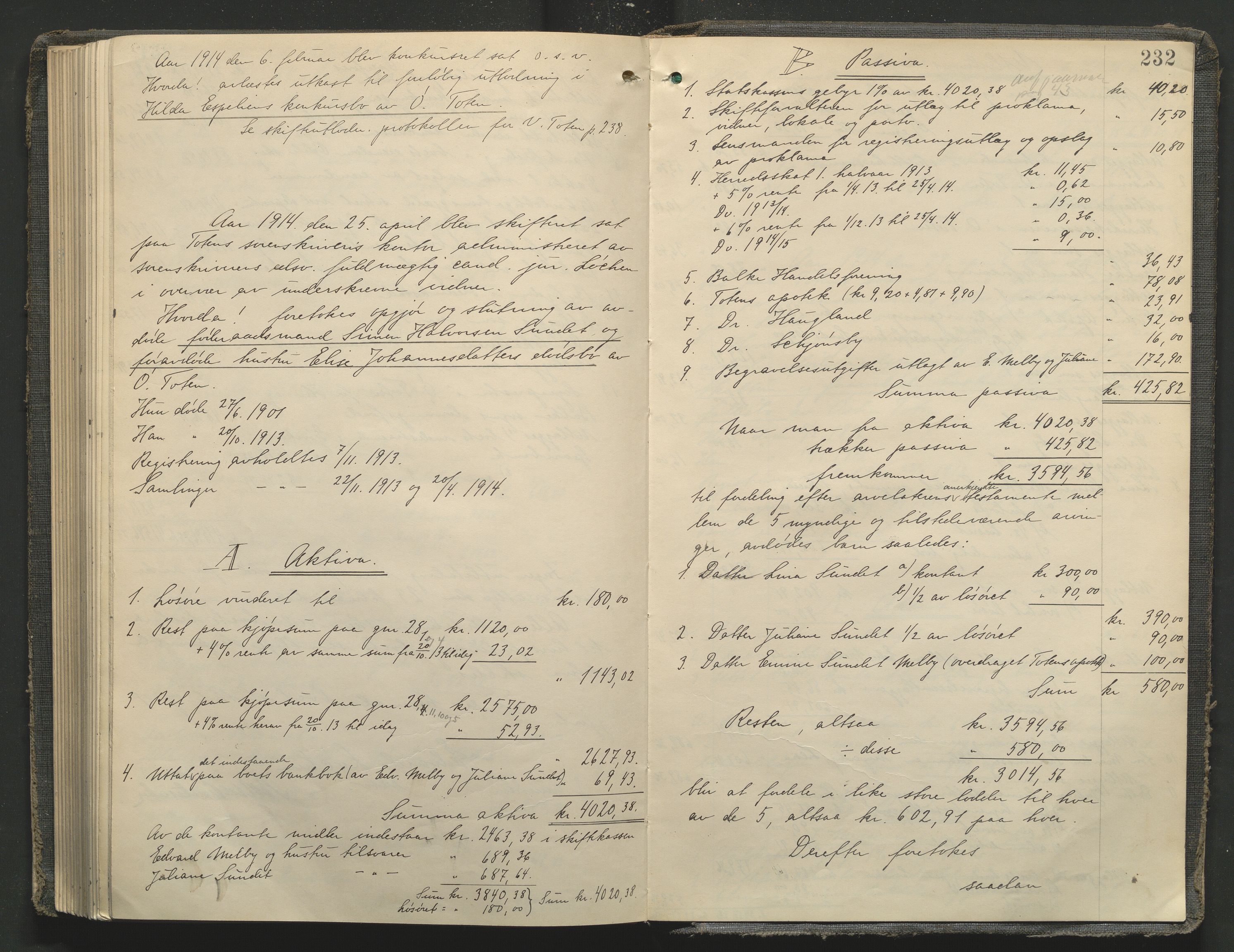 Toten tingrett, SAH/TING-006/J/Je/L0009: Skifteutlodningsprotokoll - Østre Toten, 1900-1914, s. 232