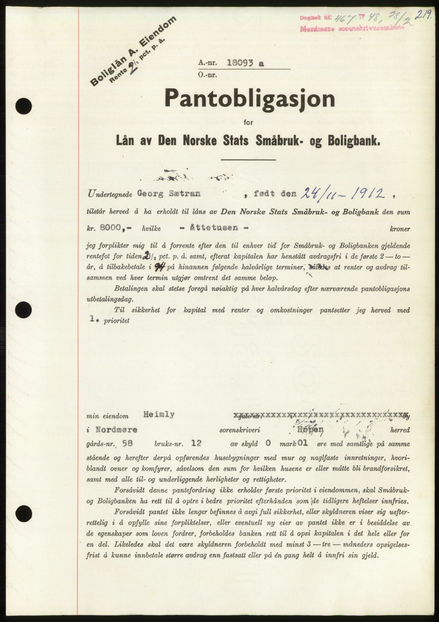 Nordmøre sorenskriveri, SAT/A-4132/1/2/2Ca: Pantebok nr. B98, 1948-1948, Dagboknr: 467/1948