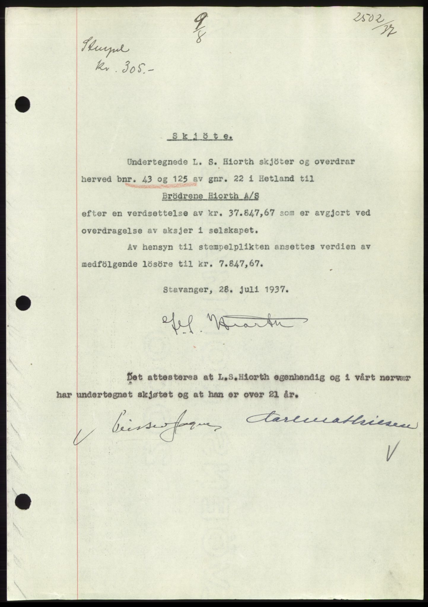 Jæren sorenskriveri, AV/SAST-A-100310/03/G/Gba/L0068: Pantebok nr. 73-, 1937-1937, Dagboknr: 2502/1937