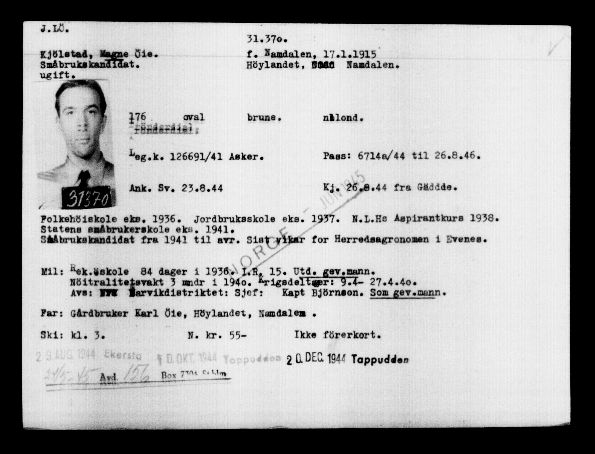 Utenriksstasjonene, Legasjonen i Stockholm, Flyktningkontoret, AV/RA-S-6753/V/Va/L0012: Kjesäterkartoteket, flyktninger med registreringsnr. 28300-31566, 1940-1945, s. 3323