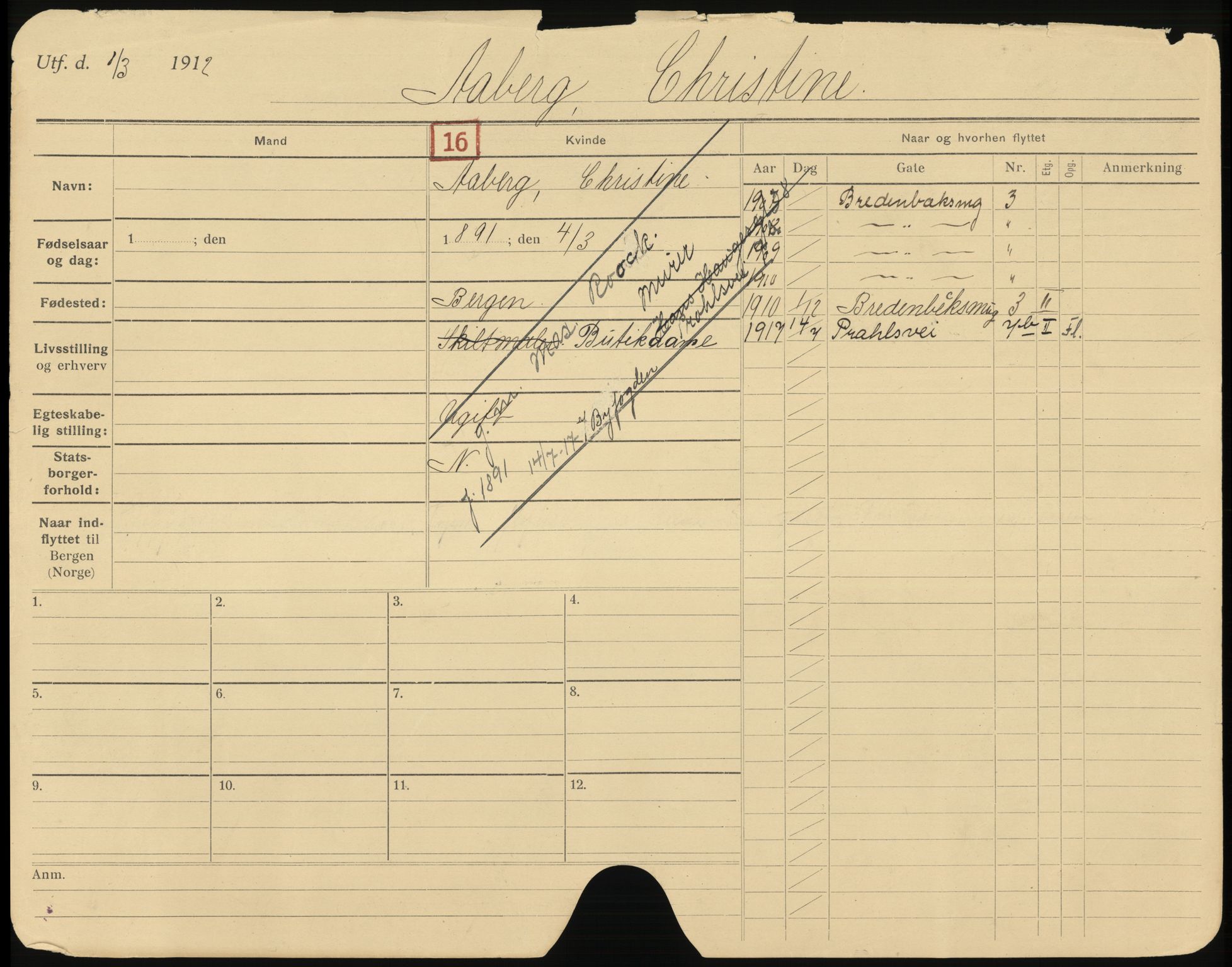 Bergen folkeregister, AV/SAB-A-17201/K/Ka/L0001: Gifte kvinner 1912 - 1919, Aaberg - Cook, 1912-1919