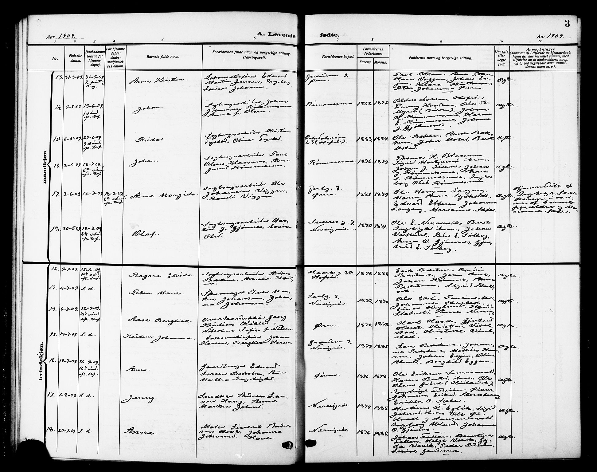 Ministerialprotokoller, klokkerbøker og fødselsregistre - Sør-Trøndelag, SAT/A-1456/669/L0831: Klokkerbok nr. 669C01, 1909-1924, s. 3