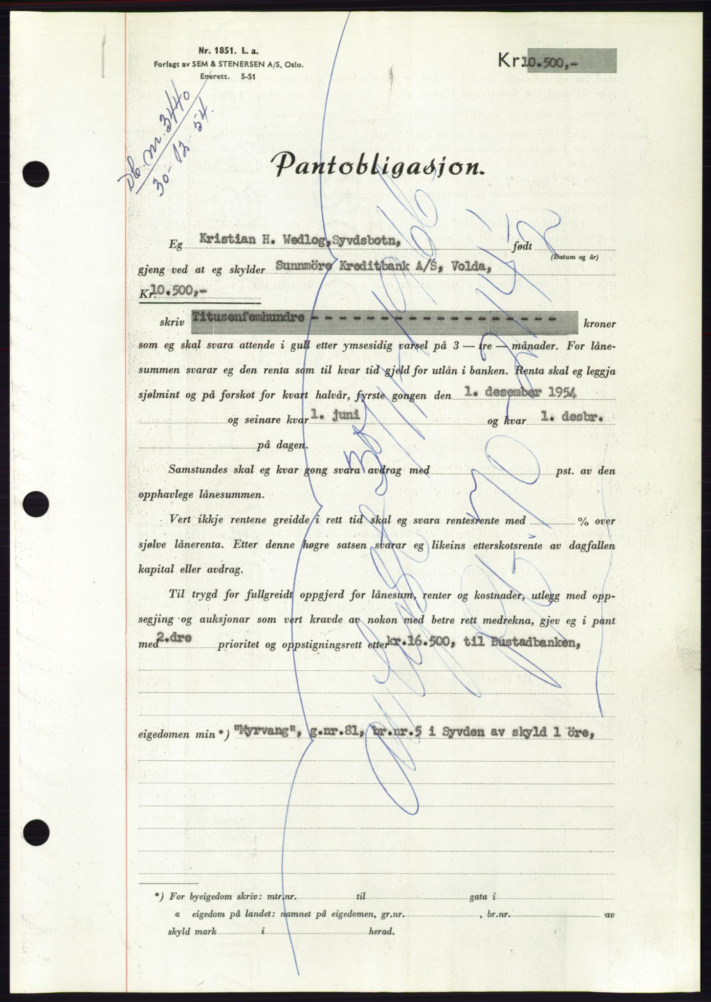 Søre Sunnmøre sorenskriveri, AV/SAT-A-4122/1/2/2C/L0126: Pantebok nr. 14B, 1954-1955, Dagboknr: 3440/1954