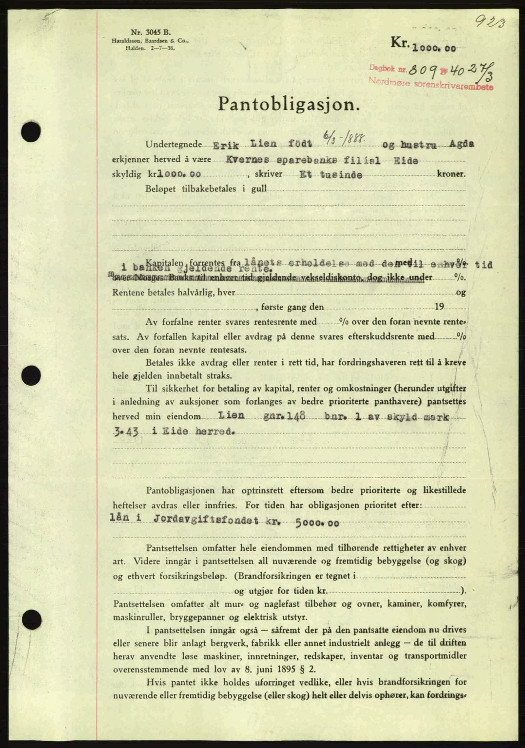 Nordmøre sorenskriveri, AV/SAT-A-4132/1/2/2Ca: Pantebok nr. B86, 1939-1940, Dagboknr: 809/1940