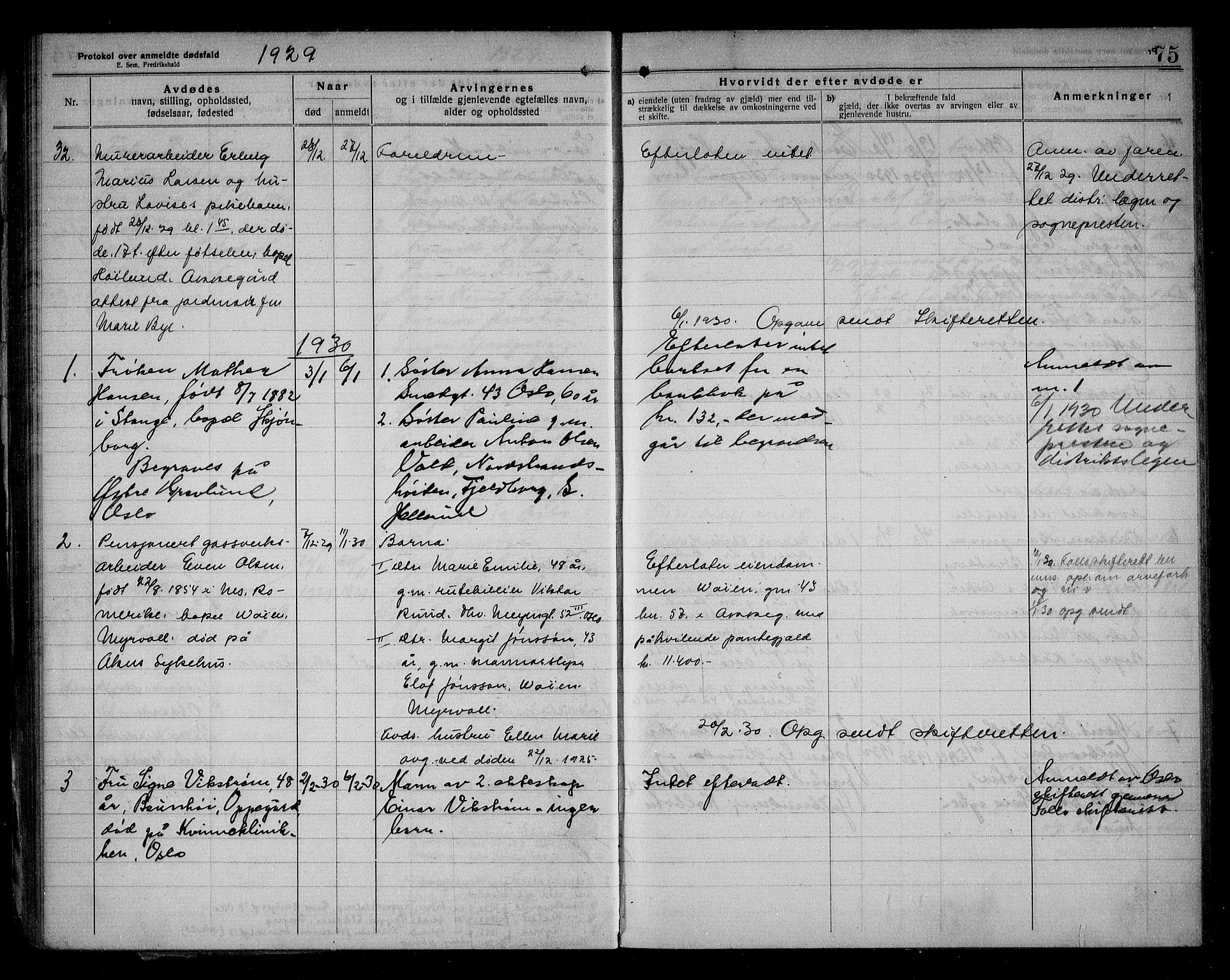 Oppegård lensmannskontor, AV/SAO-A-10186/H/Ha/L0001: Dødsfallsprotokoll, 1922-1936, s. 75