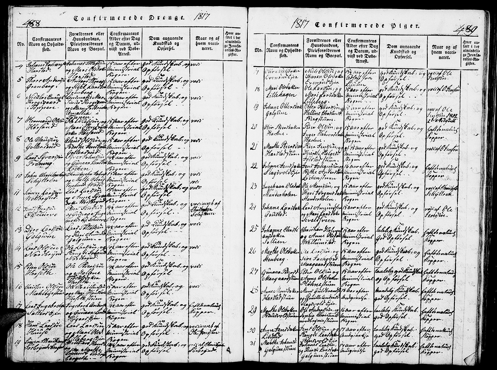 Romedal prestekontor, AV/SAH-PREST-004/L/L0005: Klokkerbok nr. 5, 1814-1829, s. 488-489