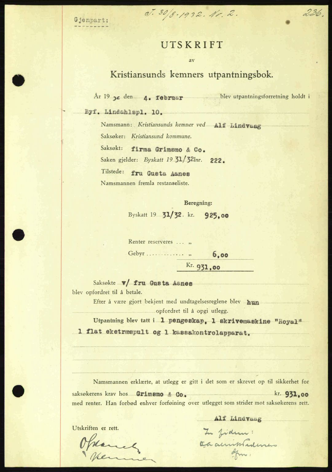 Kristiansund byfogd, SAT/A-4587/A/27: Pantebok nr. 26, 1931-1933, Tingl.dato: 30.08.1932