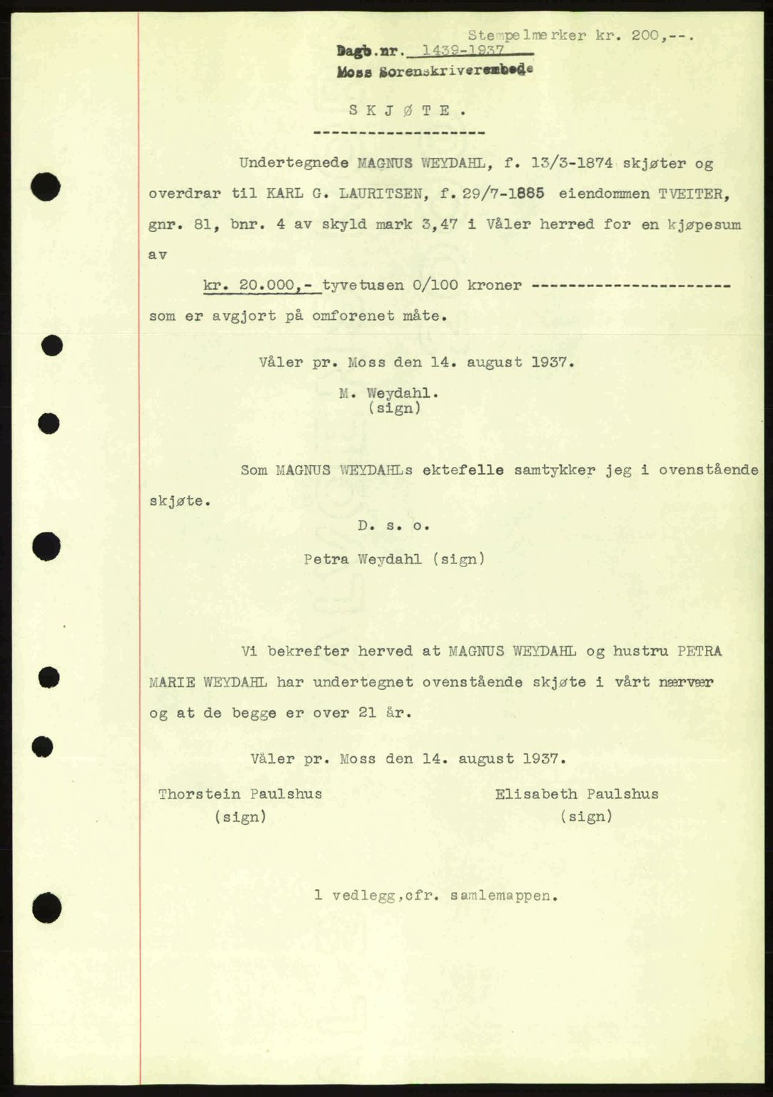 Moss sorenskriveri, SAO/A-10168: Pantebok nr. A3, 1937-1938, Dagboknr: 1439/1937