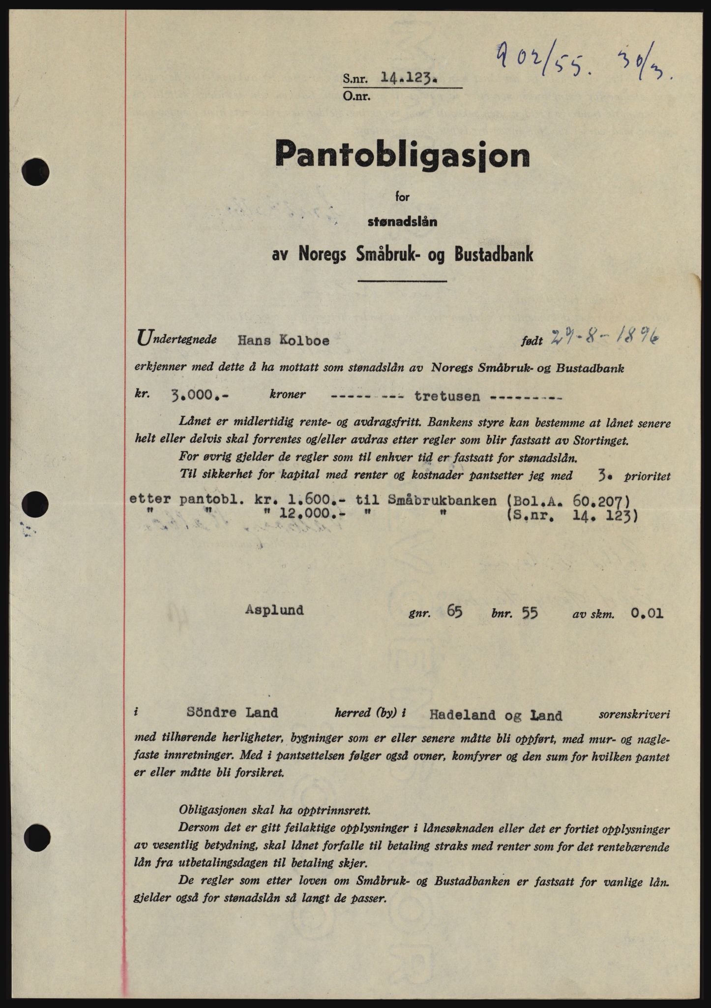 Hadeland og Land tingrett, SAH/TING-010/H/Hb/Hbc/L0032: Pantebok nr. B32, 1955-1955, Dagboknr: 902/1955
