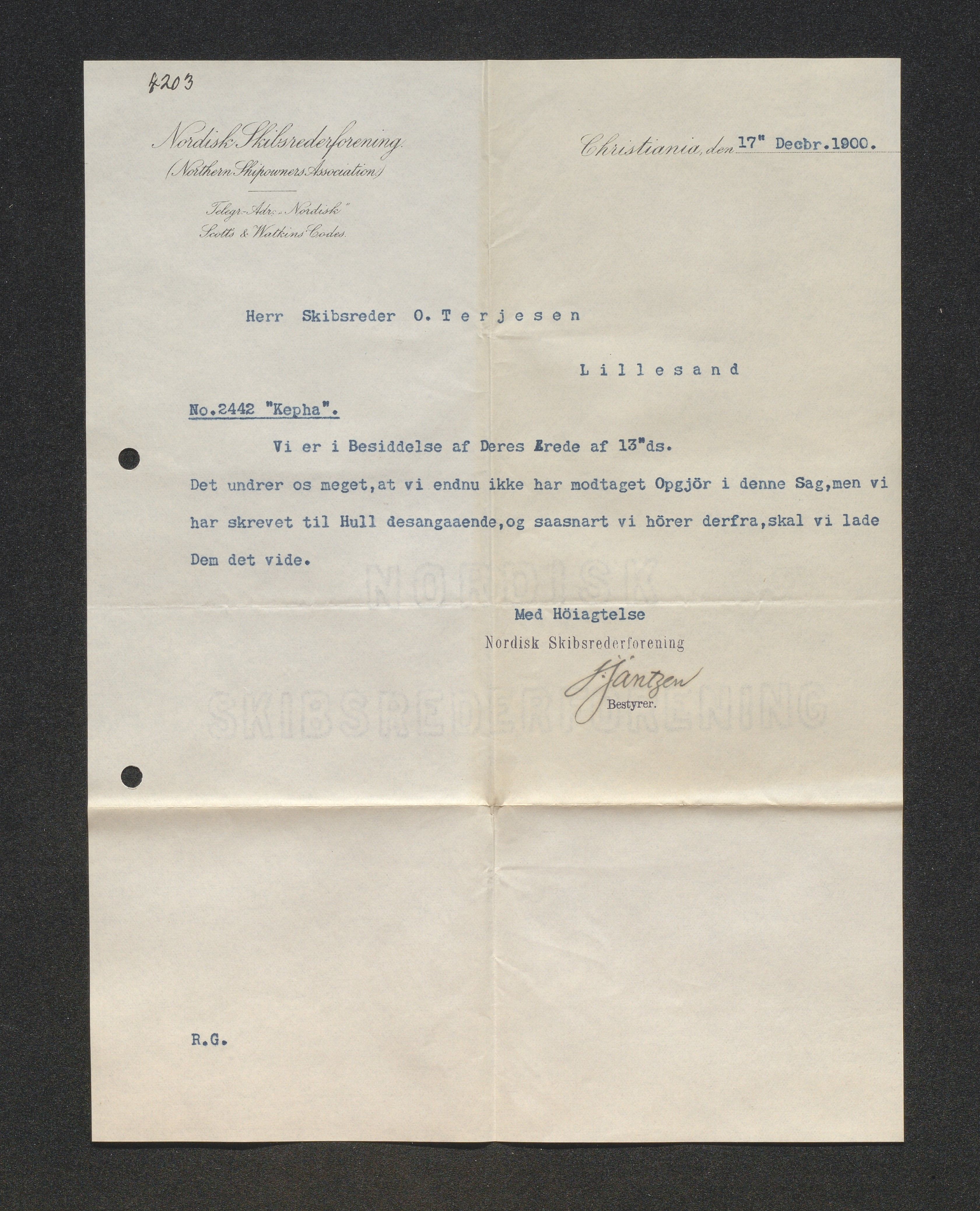 O. Terjesens rederi, AAKS/PA-2525/E/E01/L0008: Korrespondanse, 1900-1901