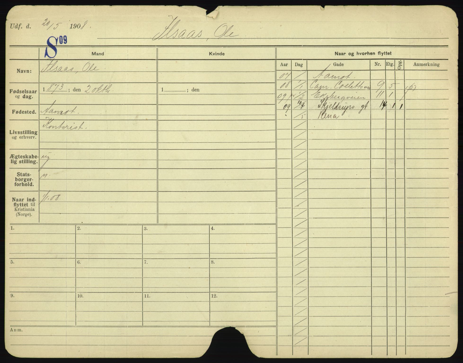 Oslo folkeregister, Registerkort, AV/SAO-A-11715/F/Fa/Fac/L0005: Menn, 1906-1914, s. 10a