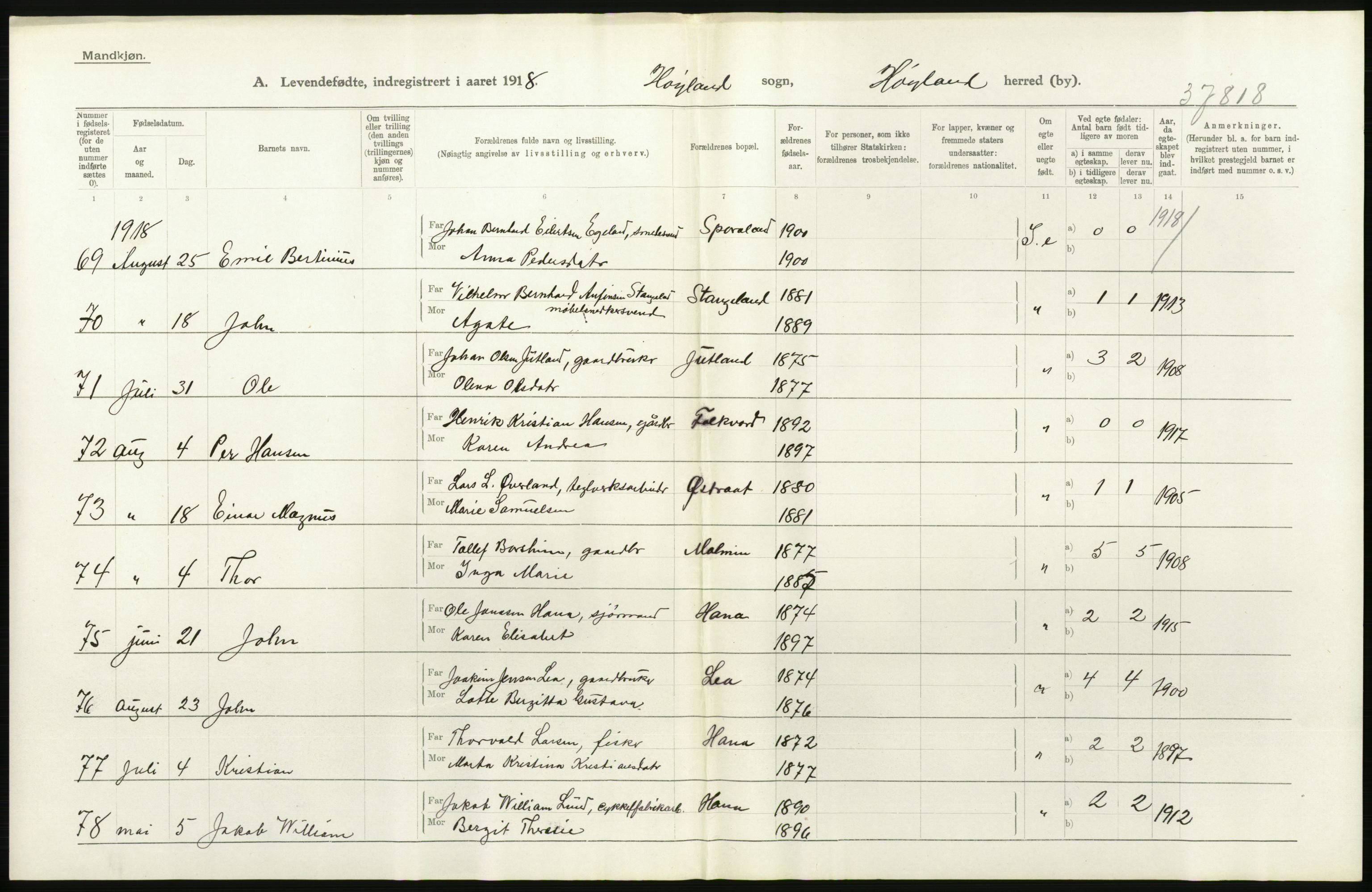 Statistisk sentralbyrå, Sosiodemografiske emner, Befolkning, AV/RA-S-2228/D/Df/Dfb/Dfbh/L0031: Rogaland fylke: Levendefødte menn og kvinner. Bygder., 1918