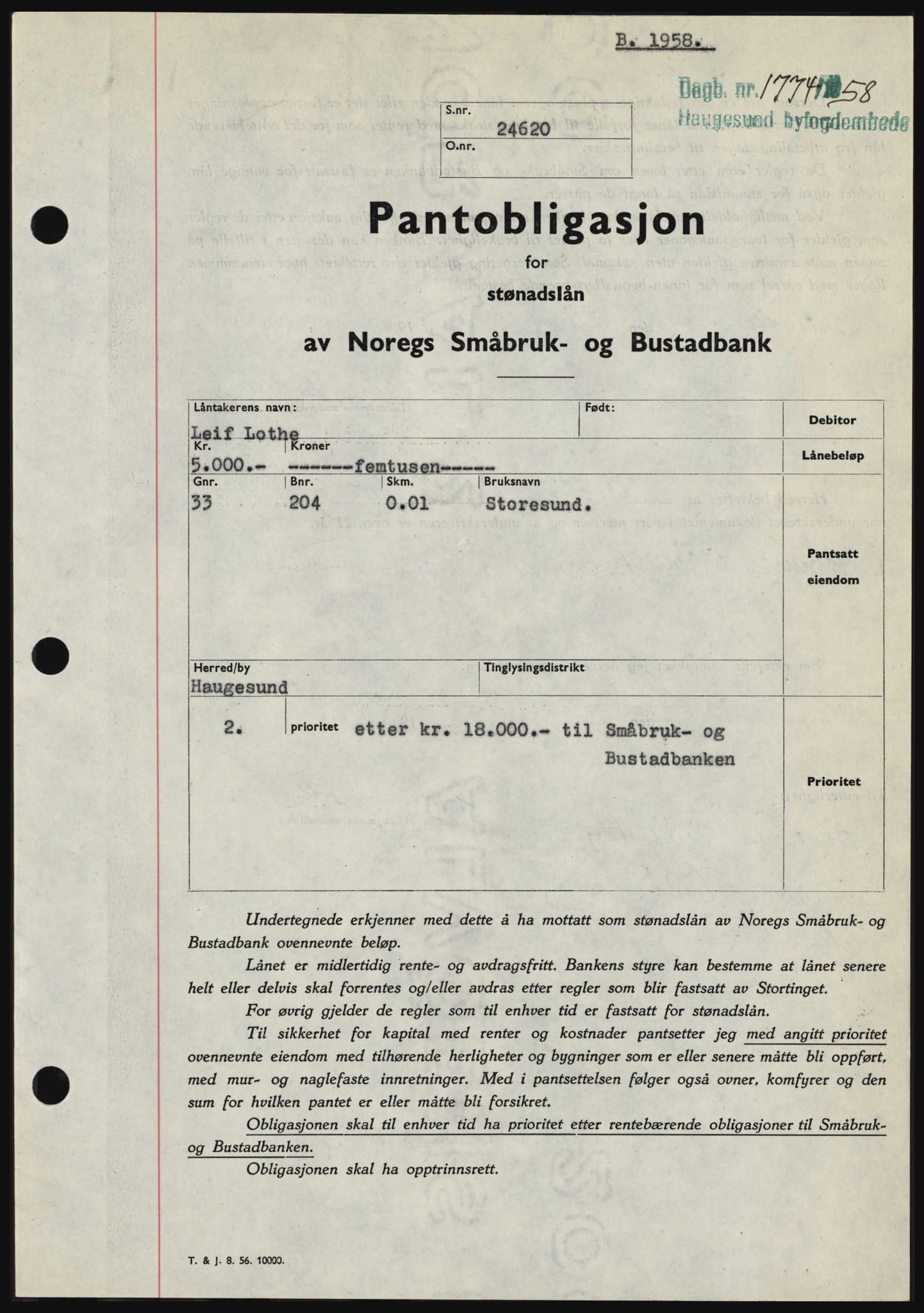 Haugesund tingrett, SAST/A-101415/01/II/IIC/L0044: Pantebok nr. B 44, 1958-1959, Dagboknr: 1774/1958