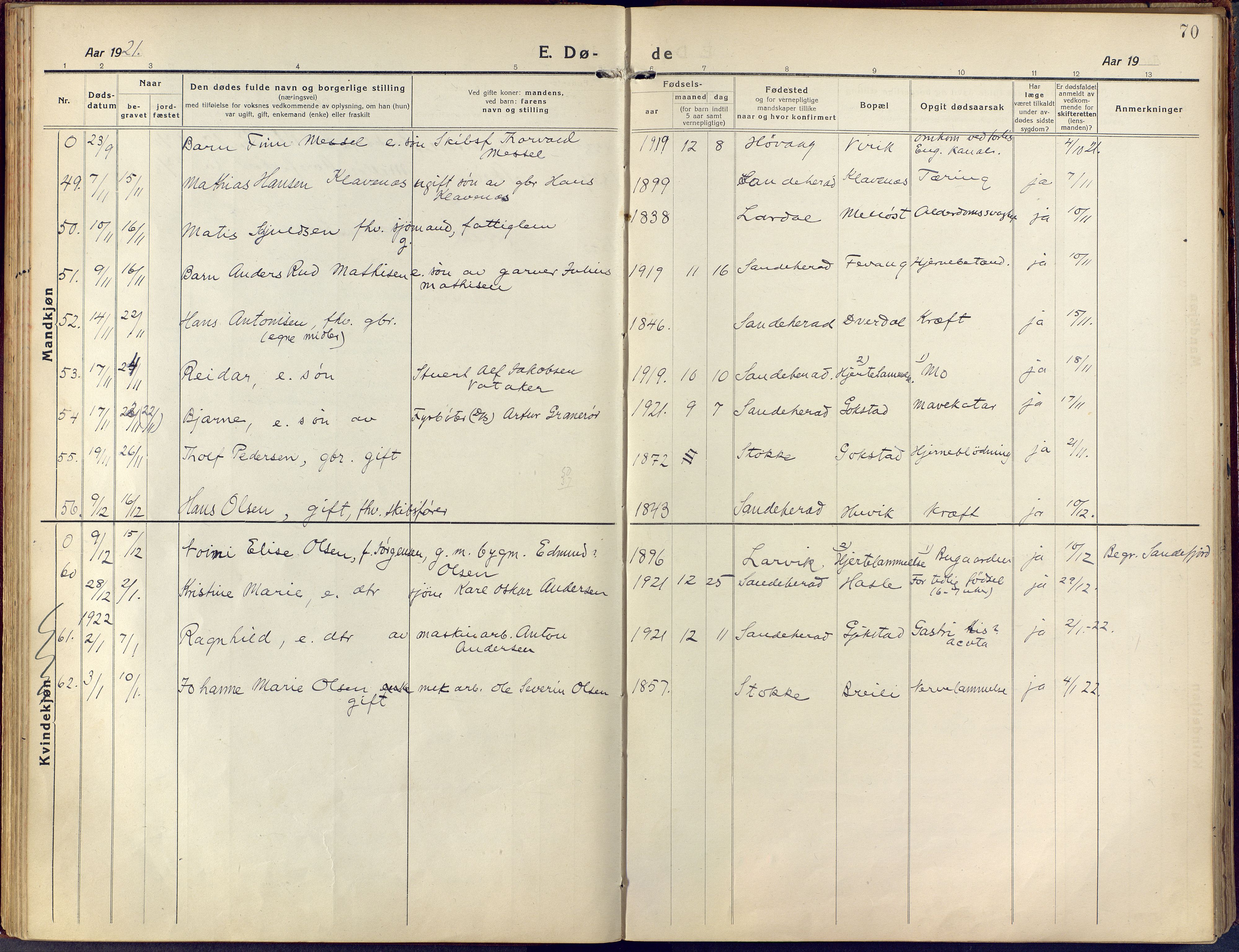 Sandar kirkebøker, AV/SAKO-A-243/F/Fa/L0021: Ministerialbok nr. 21, 1919-1925, s. 70