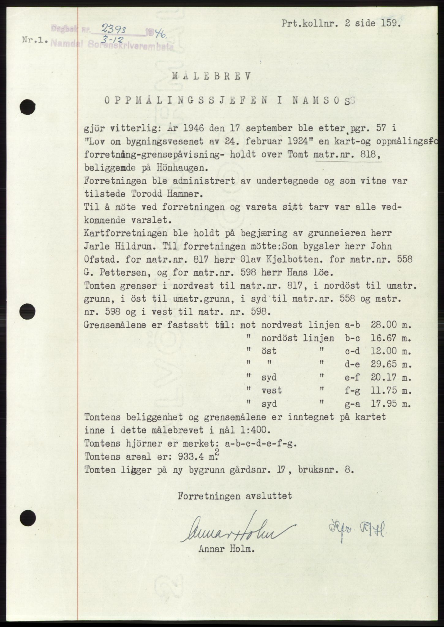 Namdal sorenskriveri, SAT/A-4133/1/2/2C: Pantebok nr. -, 1946-1947, Dagboknr: 2393/1946