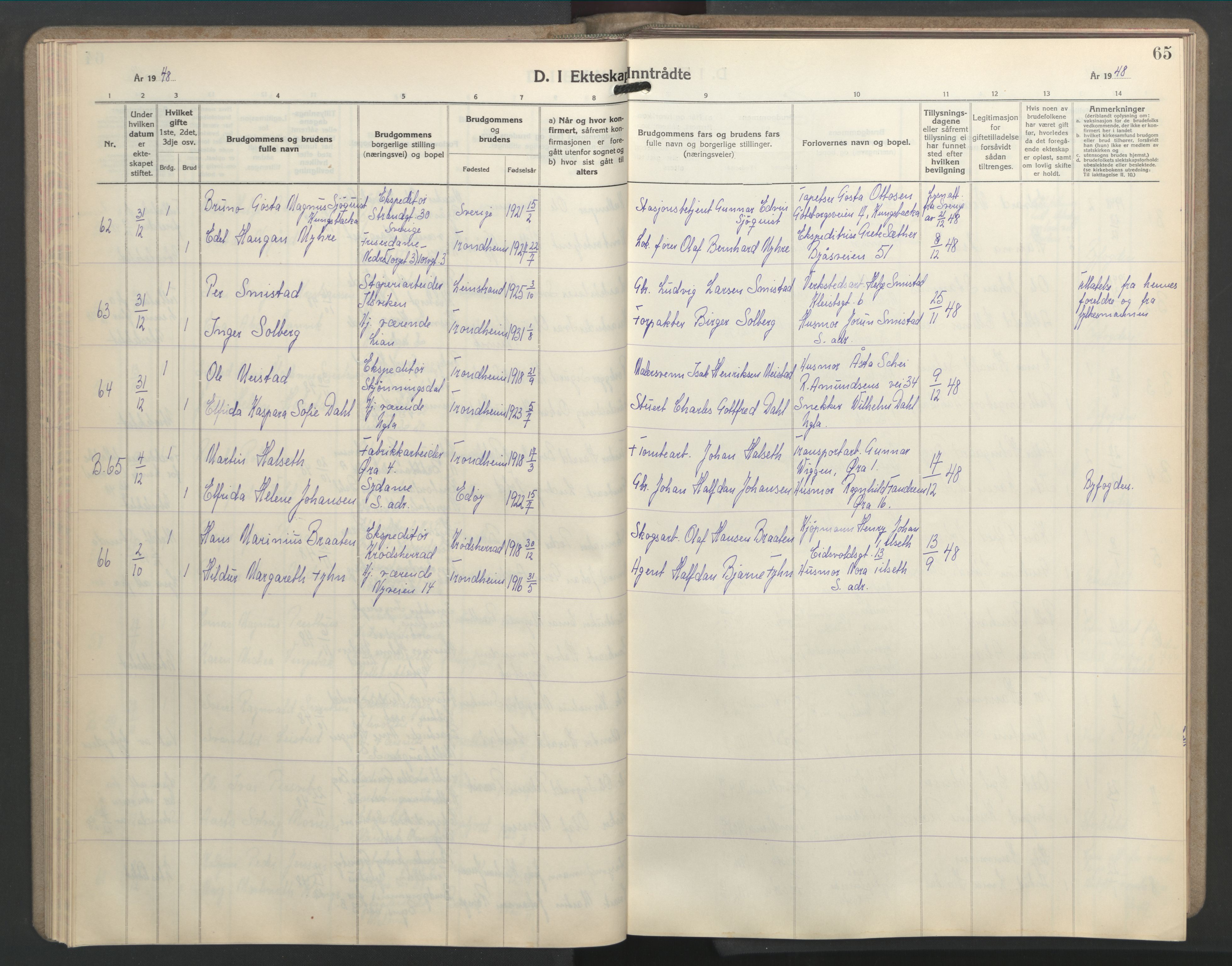 Ministerialprotokoller, klokkerbøker og fødselsregistre - Sør-Trøndelag, AV/SAT-A-1456/603/L0177: Klokkerbok nr. 603C05, 1941-1952, s. 65
