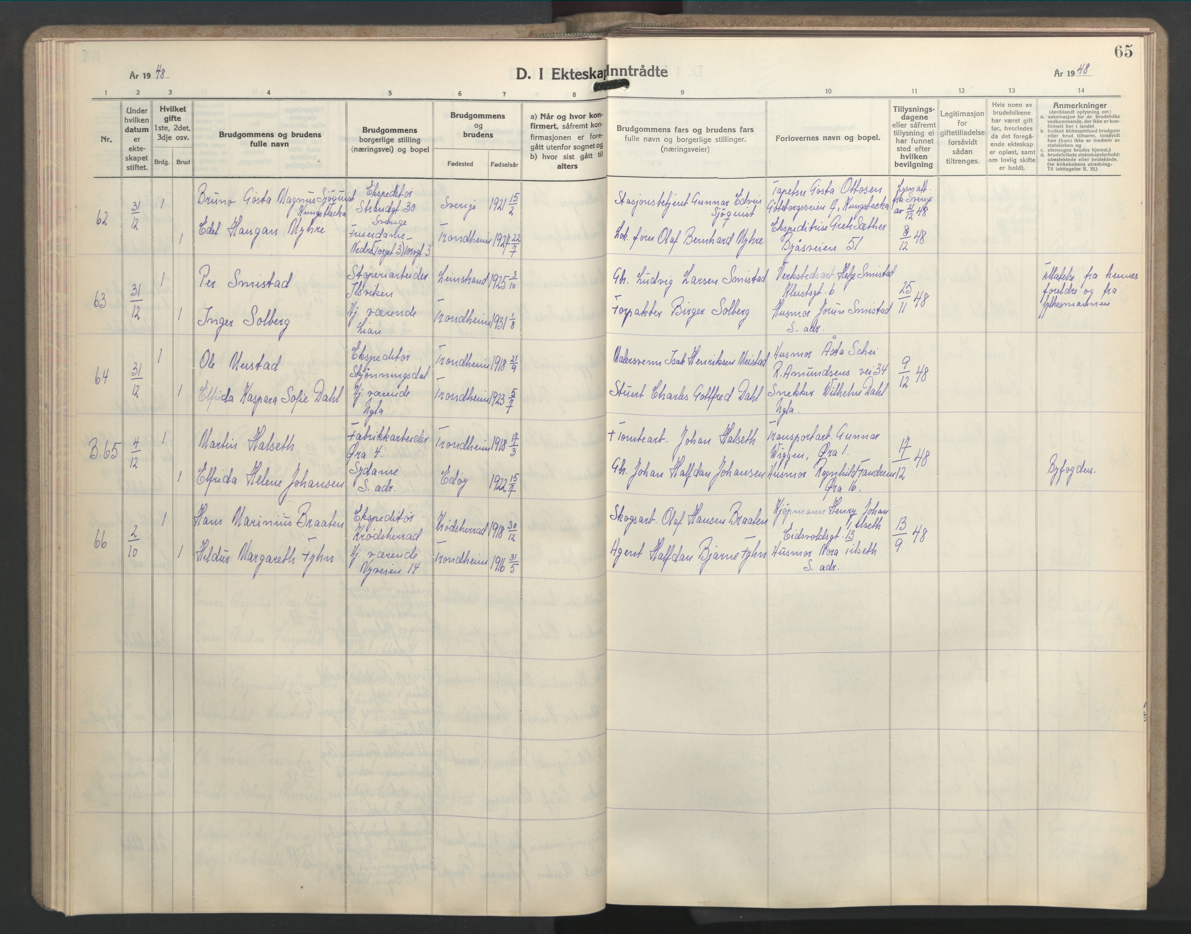 Ministerialprotokoller, klokkerbøker og fødselsregistre - Sør-Trøndelag, SAT/A-1456/603/L0177: Klokkerbok nr. 603C05, 1941-1952, s. 65