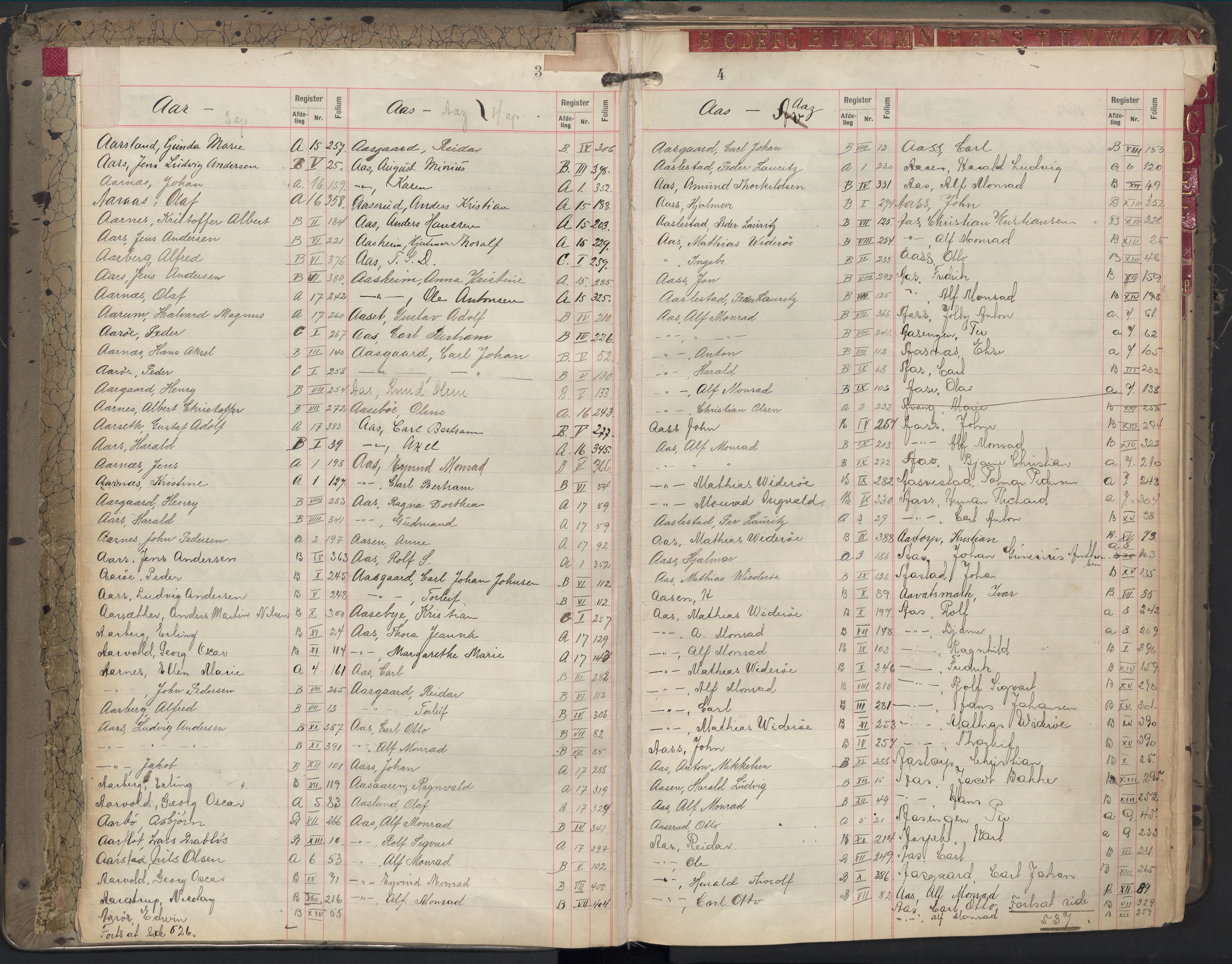 Oslo byfogd avd. II, AV/SAO-A-10942/G/Ga/Gab/L0002: Personregister: A 1-17, B 1-17, C 1, 1907, s. 3-4