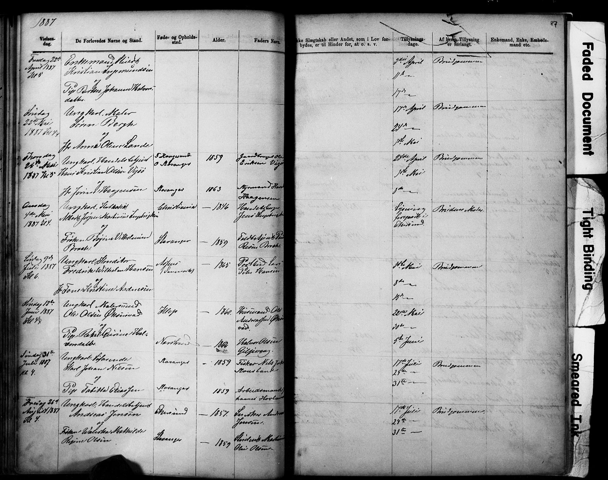 Domkirken sokneprestkontor, AV/SAST-A-101812/001/30/30BB/L0014: Klokkerbok nr. B 14, 1875-1902, s. 87