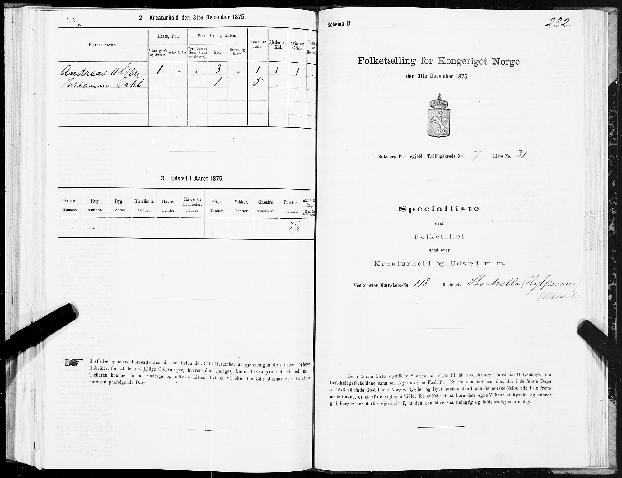 SAT, Folketelling 1875 for 1860P Buksnes prestegjeld, 1875, s. 3232