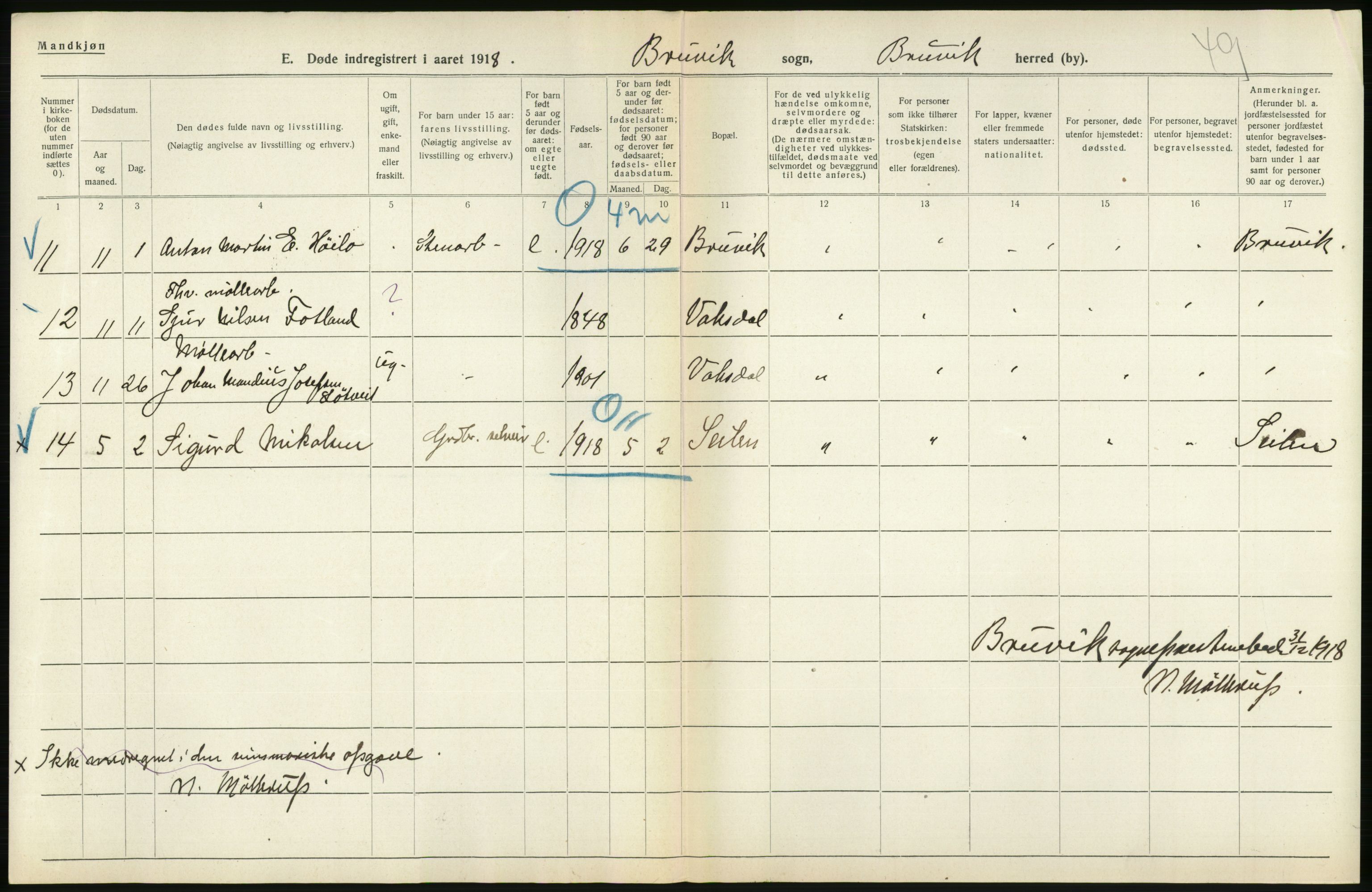 Statistisk sentralbyrå, Sosiodemografiske emner, Befolkning, AV/RA-S-2228/D/Df/Dfb/Dfbh/L0036: Hordaland fylke: Døde., 1918, s. 212