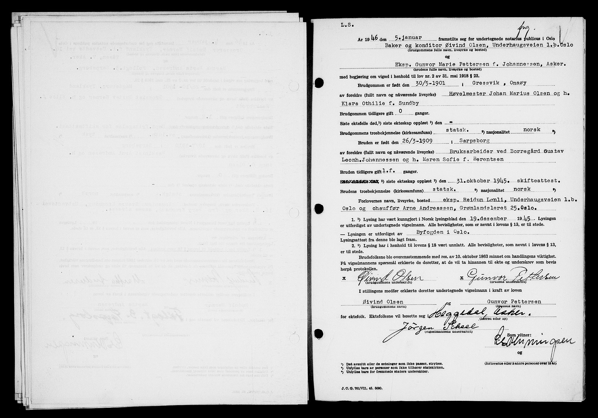 Oslo byfogd avd. I, AV/SAO-A-10220/L/Lb/Lbb/L0055: Notarialprotokoll, rekke II: Vigsler, 1945-1946