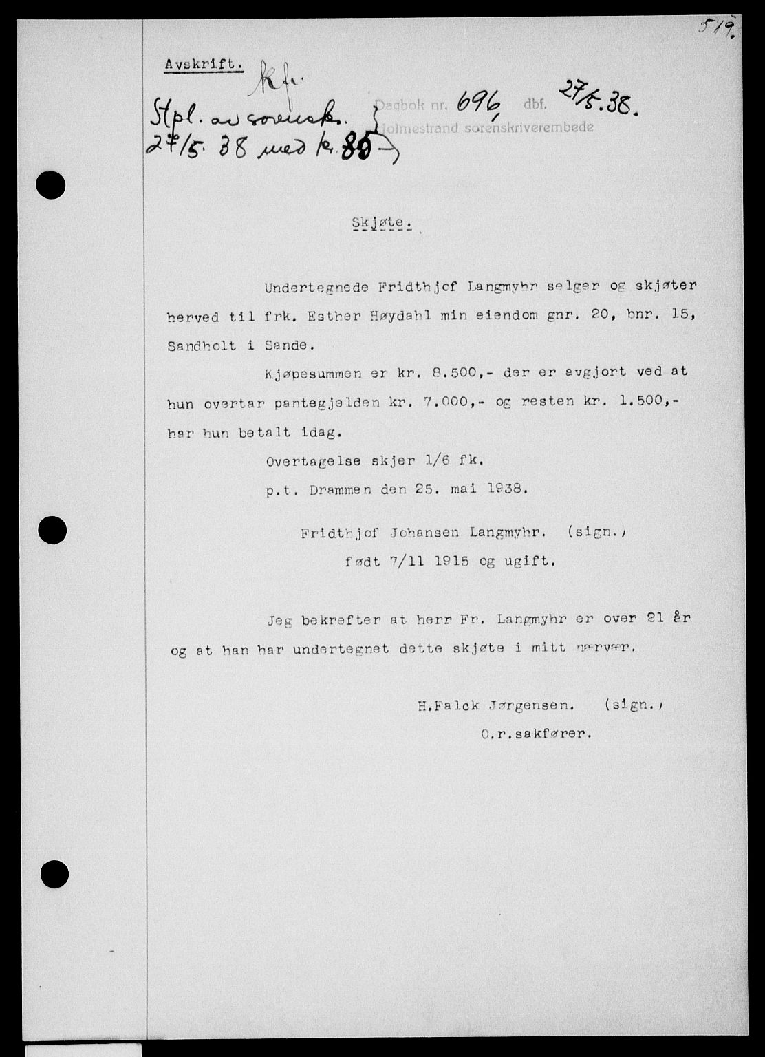 Holmestrand sorenskriveri, SAKO/A-67/G/Ga/Gaa/L0049: Pantebok nr. A-49, 1937-1938, Dagboknr: 696/1938