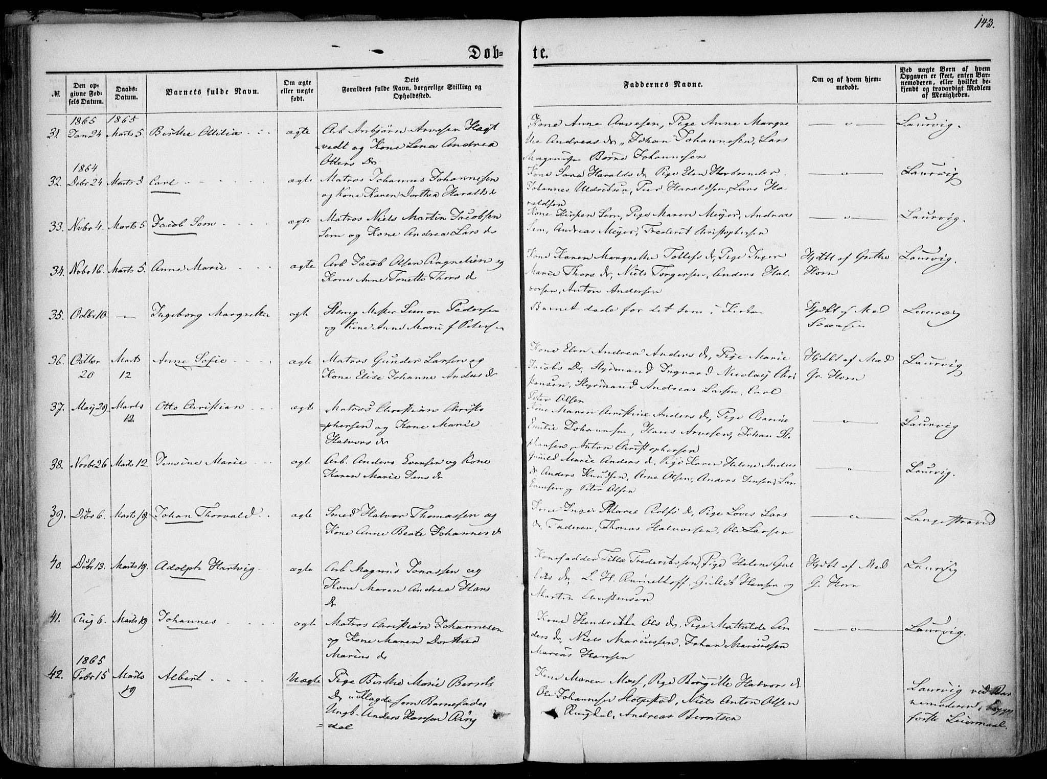 Larvik kirkebøker, AV/SAKO-A-352/F/Fa/L0004: Ministerialbok nr. I 4, 1856-1870, s. 143
