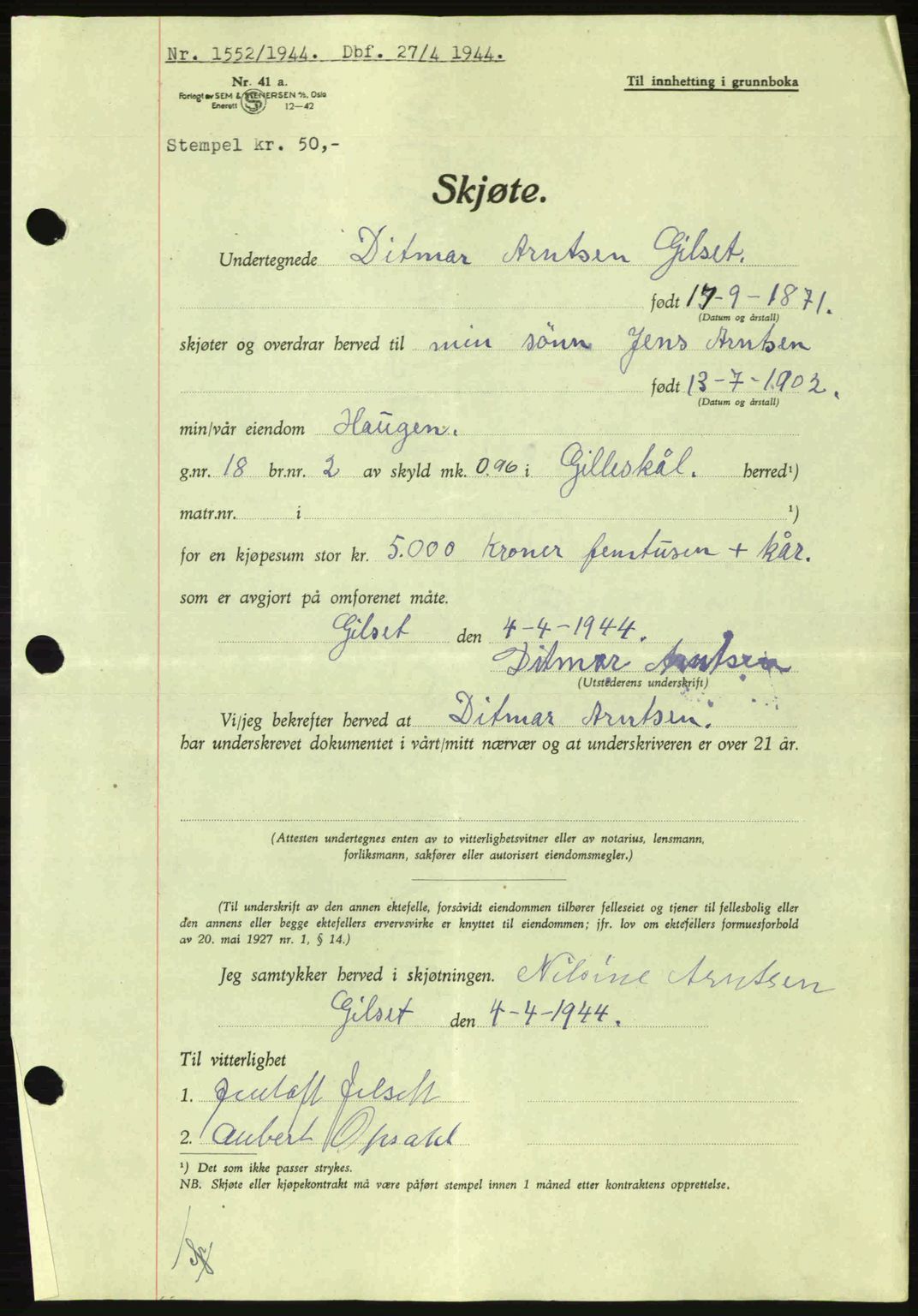 Salten sorenskriveri, SAT/A-4578/1/2/2C: Pantebok nr. A14-15, 1943-1945, Dagboknr: 1552/1944