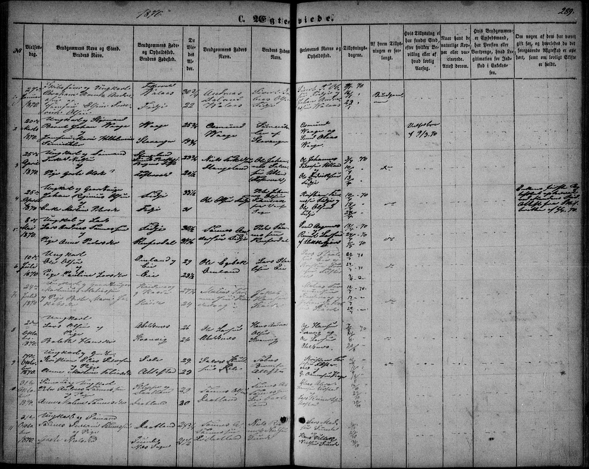 Flekkefjord sokneprestkontor, AV/SAK-1111-0012/F/Fb/Fbb/L0003: Klokkerbok nr. B 3, 1867-1889, s. 289