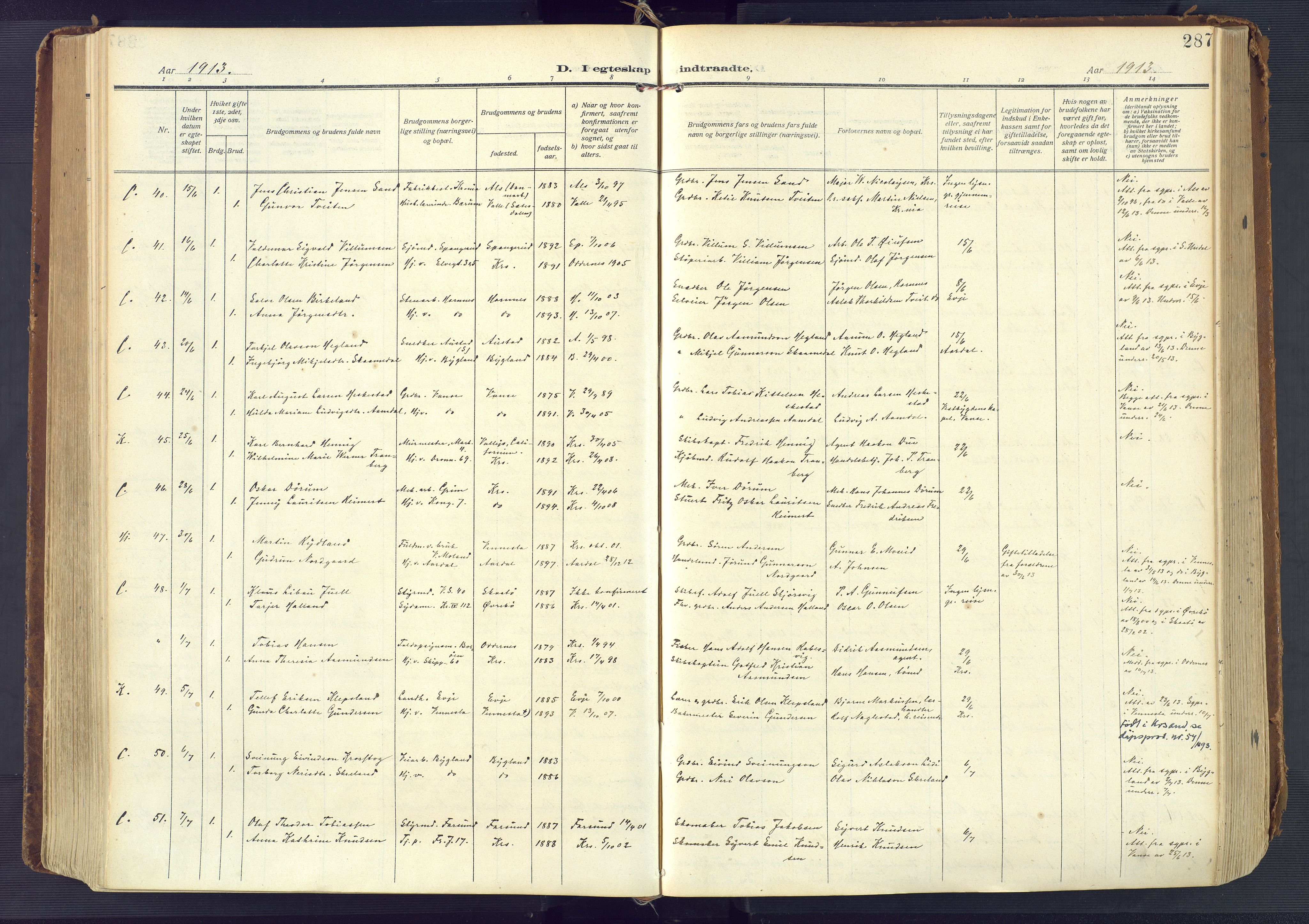 Kristiansand domprosti, AV/SAK-1112-0006/F/Fa/L0023: Ministerialbok nr. A 22, 1909-1917, s. 287
